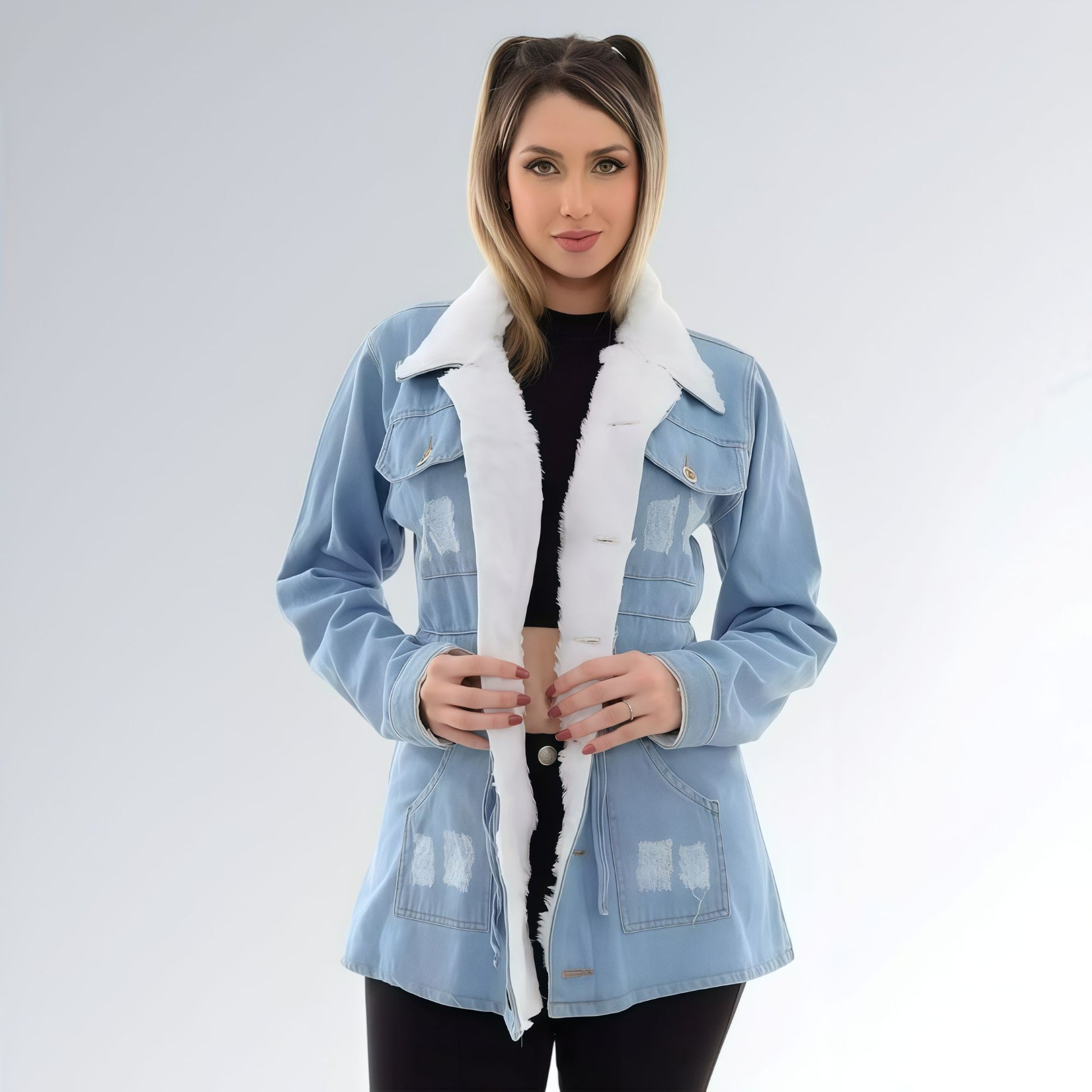 Jaqueta Jeans Parka com Pelúcia Feminina Jz New Moda