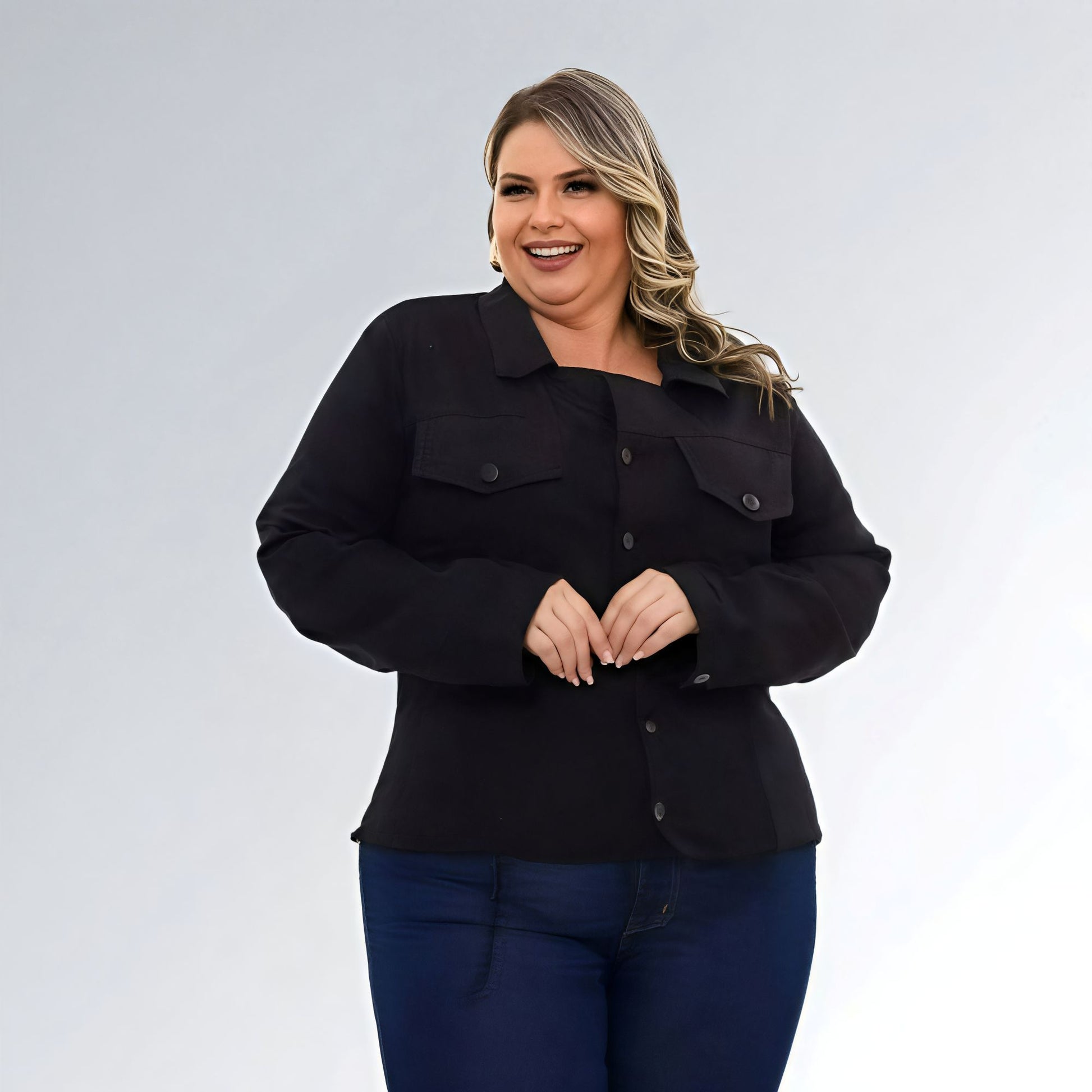 Jaqueta Jeans Plus Size Preta Casual Feminina Jz New Moda
