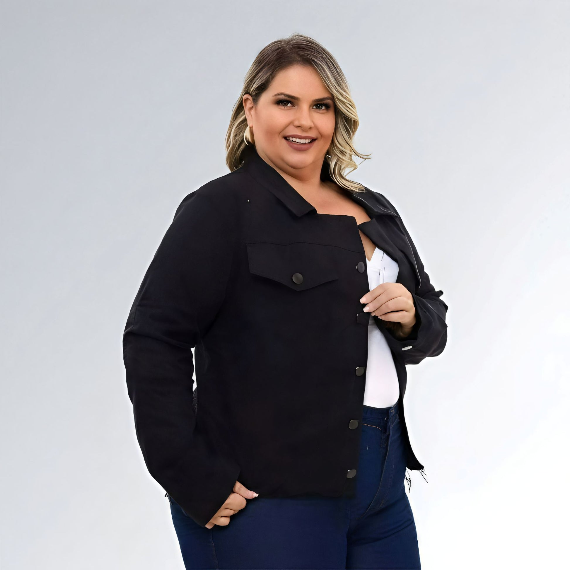 Jaqueta Jeans Plus Size Preta Casual Feminina Jz New Moda