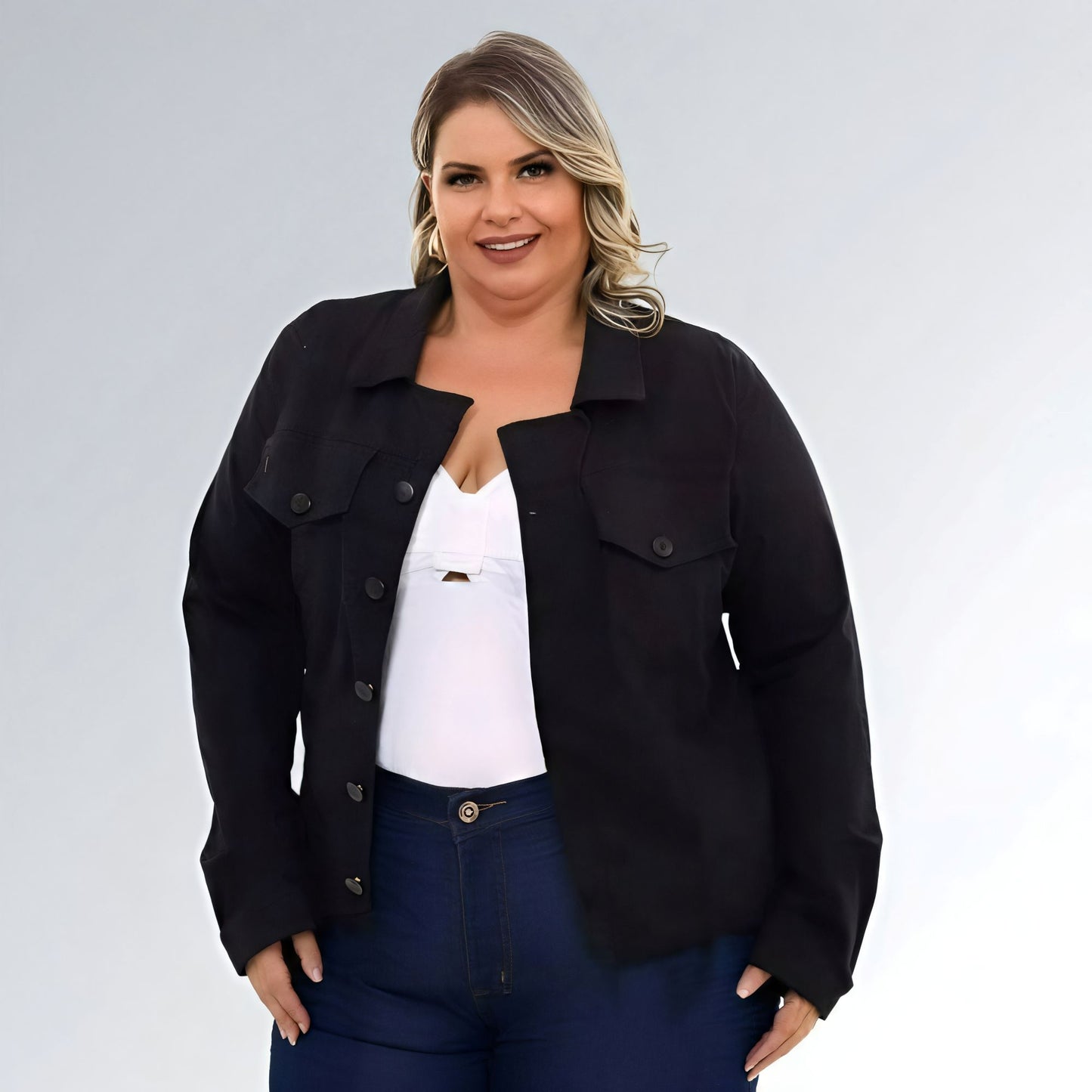 Jaqueta Jeans Plus Size Preta Casual Feminina Jz New Moda