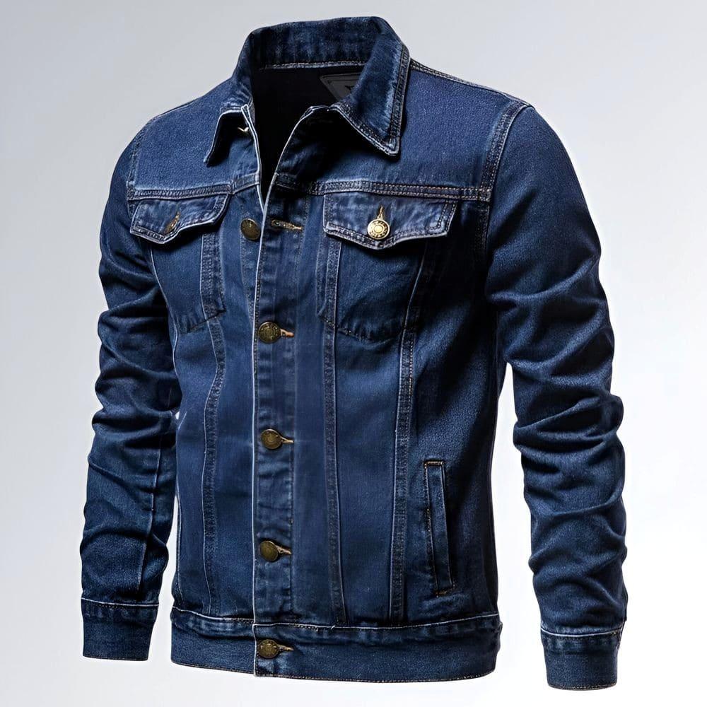 Jaqueta jeans slim casual masculina azul com bolsos frontais, botões metálicos e costura contrastante.