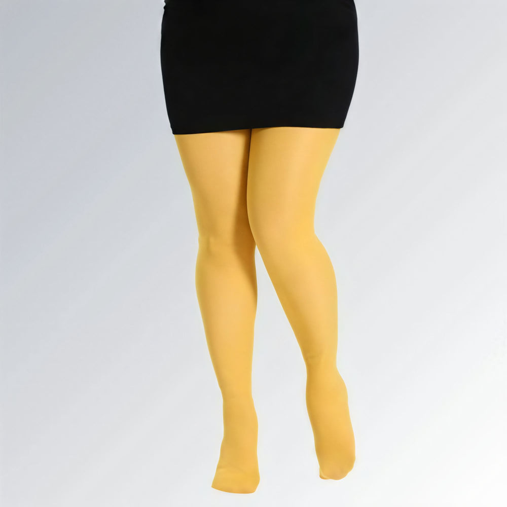 Meia-calça feminina plus size amarela de cintura alta, confeccionada em tricô fino com elastano e náilon.