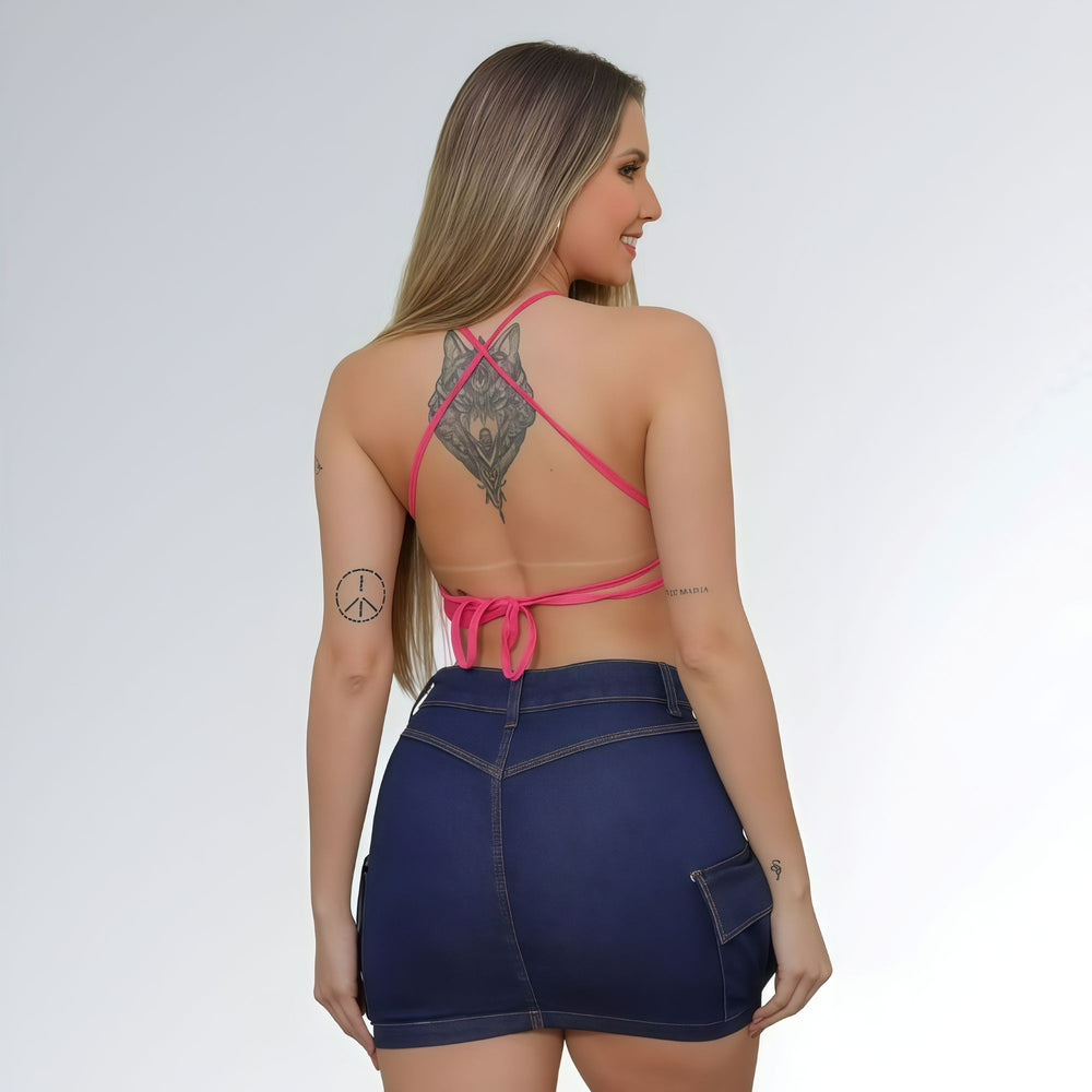 Mini Saia Jeans Cargo Azul Escuro Bolsos Feminina Jz New Moda