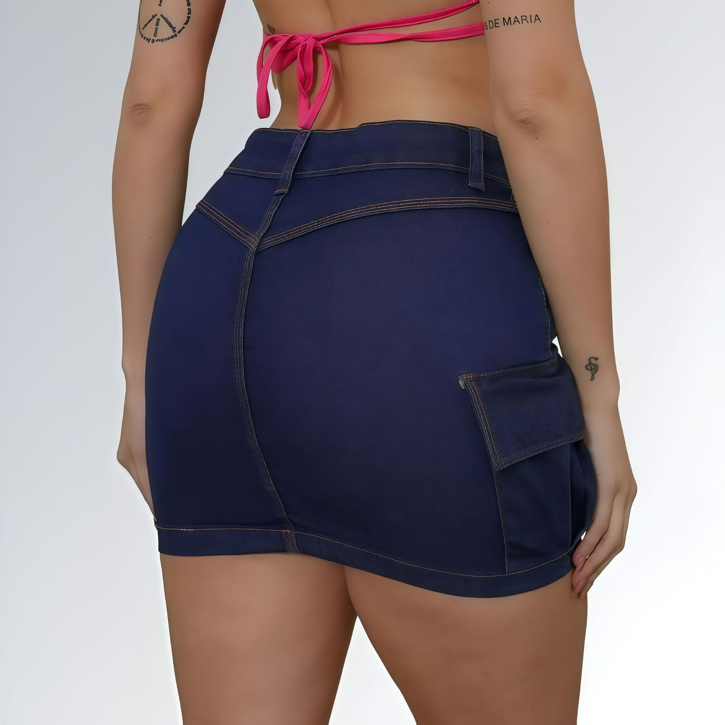 Mini Saia Jeans Cargo Azul Escuro Bolsos Feminina Jz New Moda