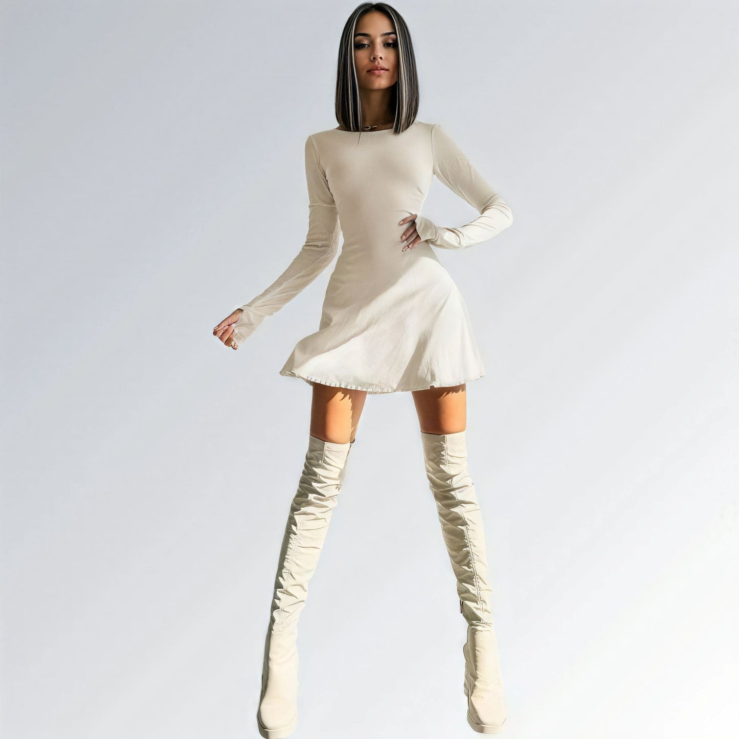 Mini Vestido Decote em V Manga Comprida Slim Feminino Jz new moda