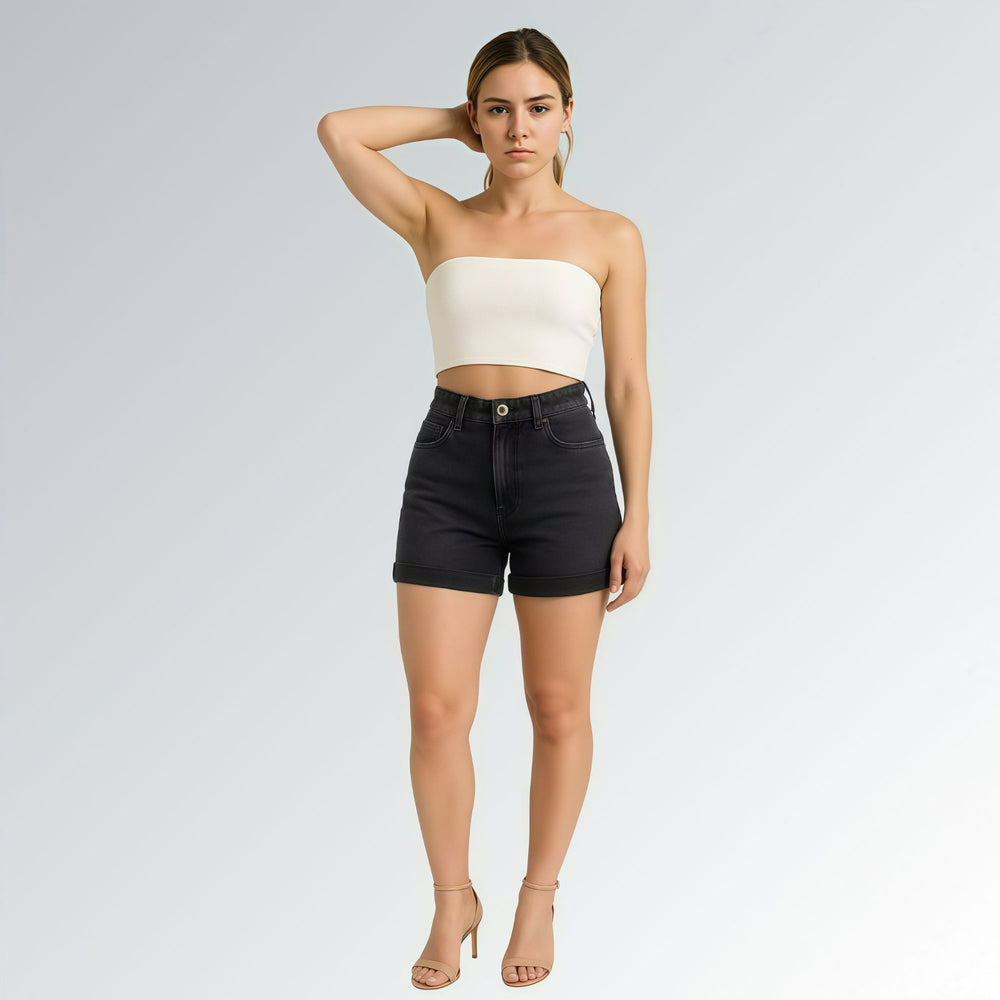 Shorts Meia Coxa Jeans Cinza Grafite Marmorizado Chumbo Feminino