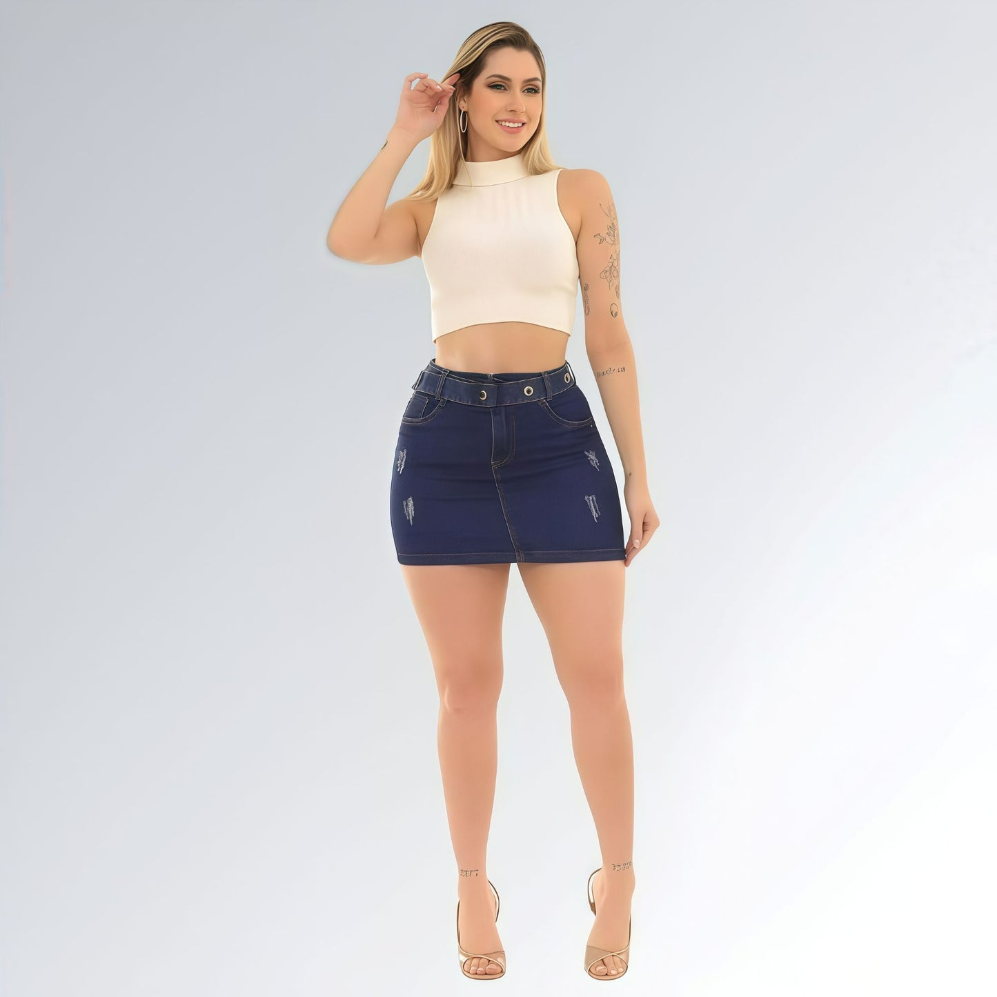 Saia Curta Jeans com Detalhes de Cinto Azul Escuro e Cintura Alta Feminina Jz New Moda