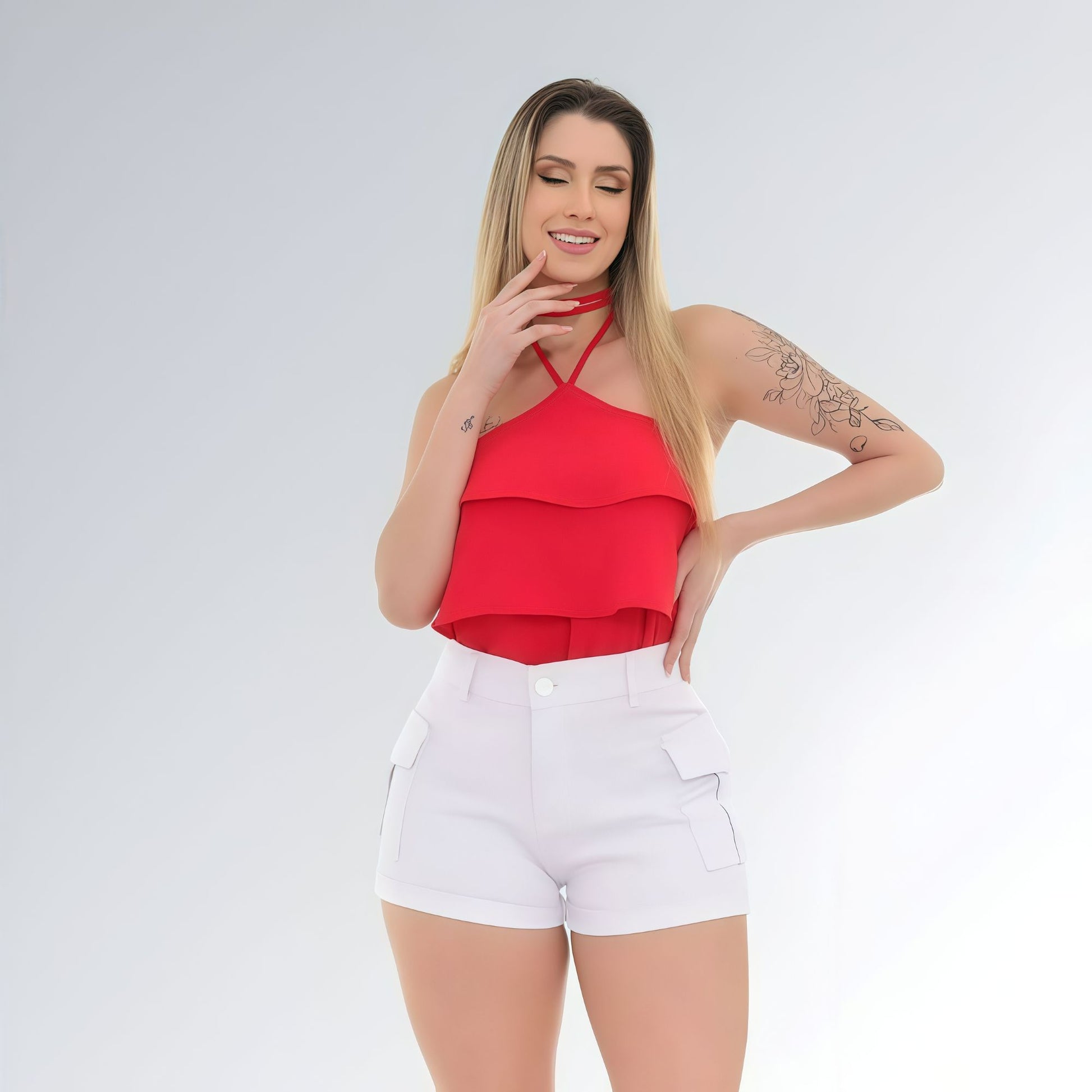 Shorts Cargo Feminino Cintura Alta Sarja Branco Jz New Moda