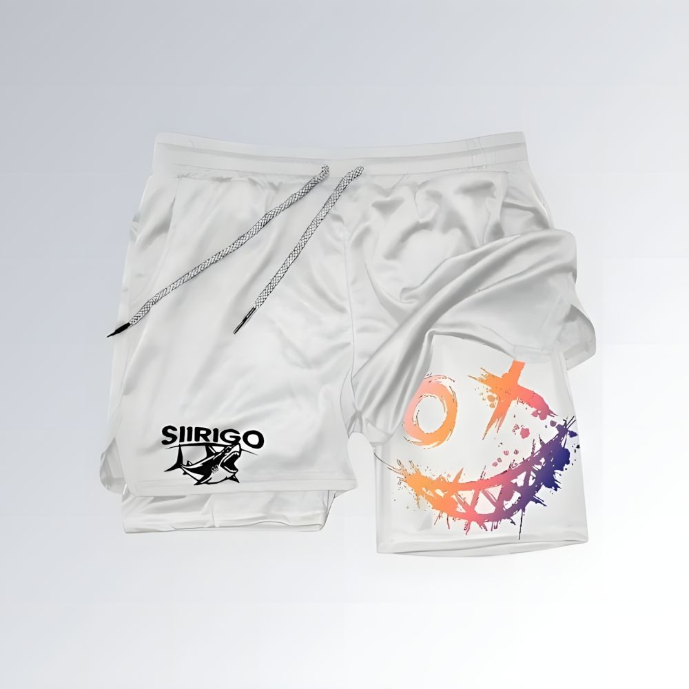 Shorts esportivo masculino branco modelo 2 em 1, com estampa colorida Smile, bolso lateral e cordão ajustável.