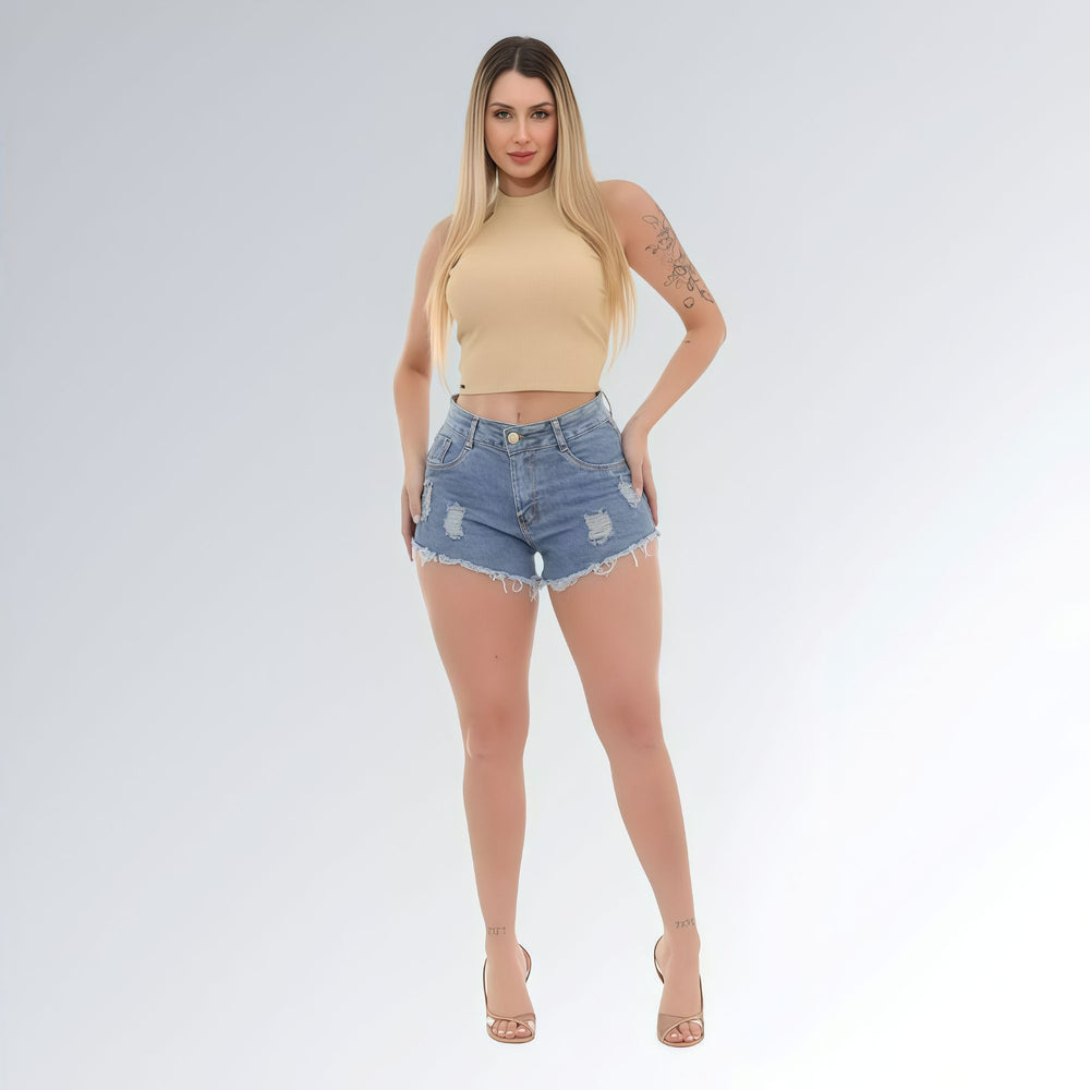 Shorts Jeans Azul Marmorizado Feminino Jz New Moda