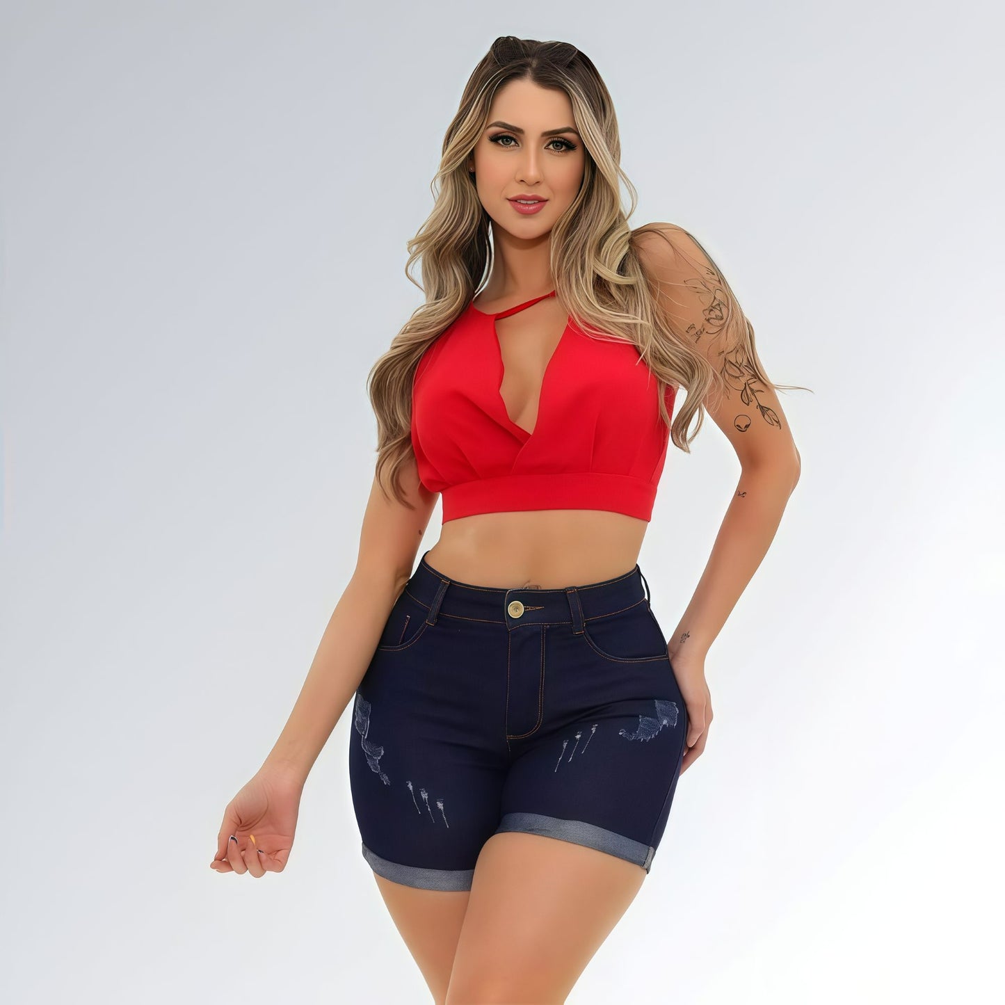 Shorts Jeans Cintura Alta com Puidos Feminino Jz New Moda