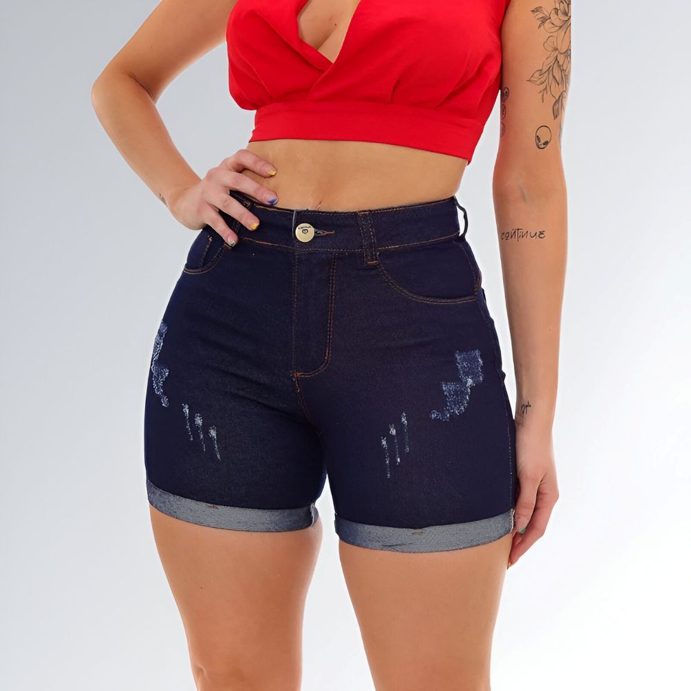 Shorts Jeans Cintura Alta com Puidos Feminino Jz New Moda