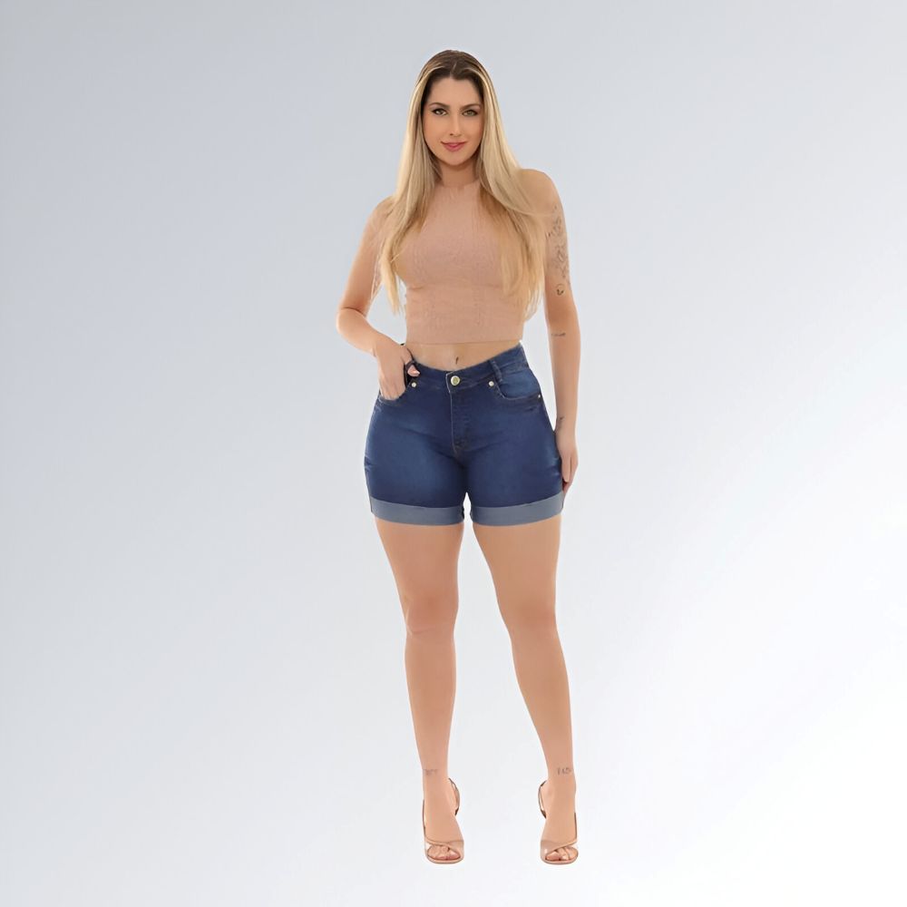 Shorts Jeans Detalhe Barra Dobrada Feminino Jz New Moda