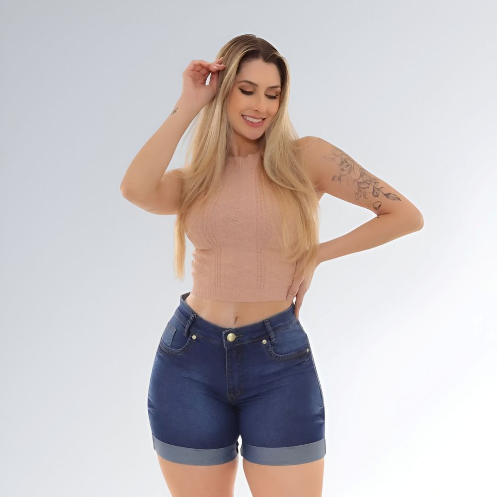 Shorts Jeans Detalhe Barra Dobrada Feminino Jz New Moda