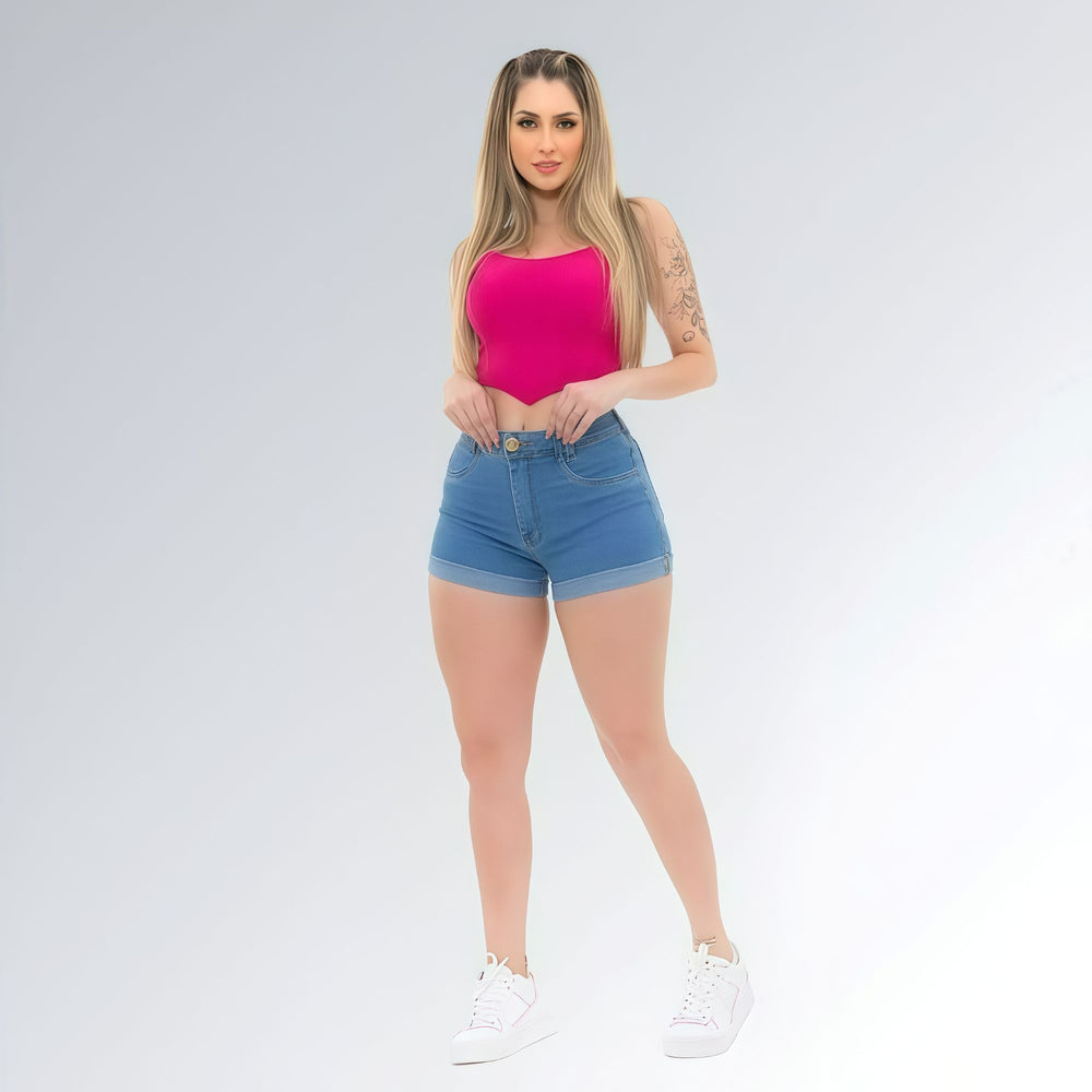Shorts Jeans Feminino Levanta Bumbum Com Detalhe na Barra Dobrada Jz New Moda