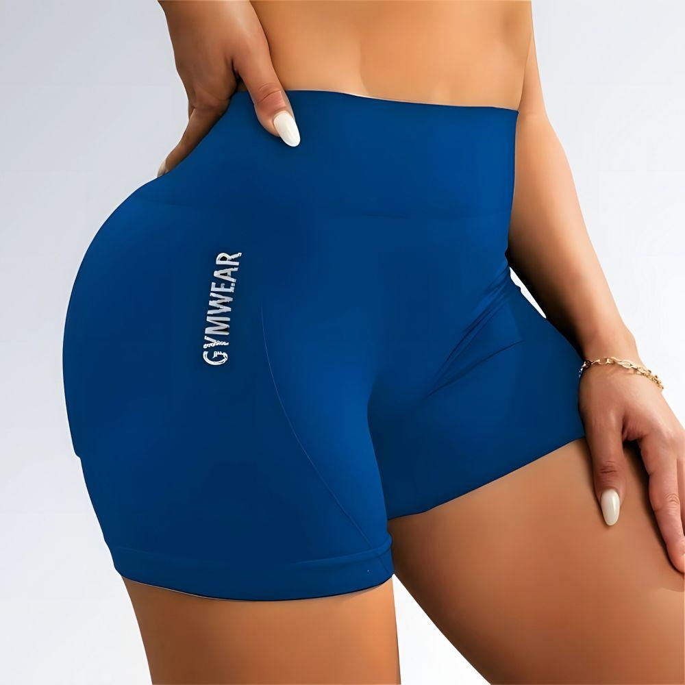 Shorts feminino azul GYMWEAR com efeito levanta bumbum, tecido elástico e estampa lateral vertical.