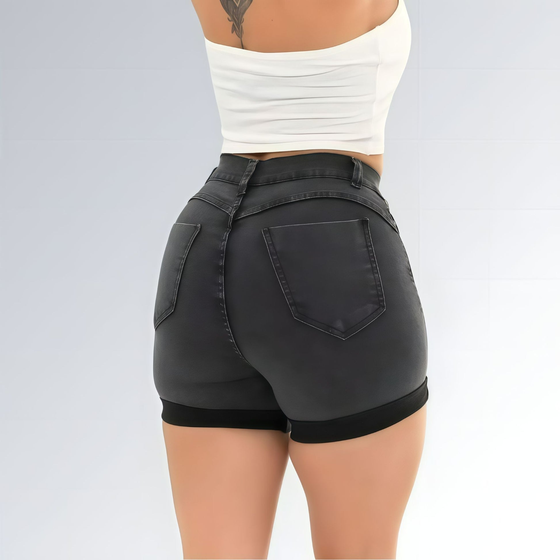 Shorts Meia Coxa Jeans Cinza Grafite Marmorizado Chumbo Feminino