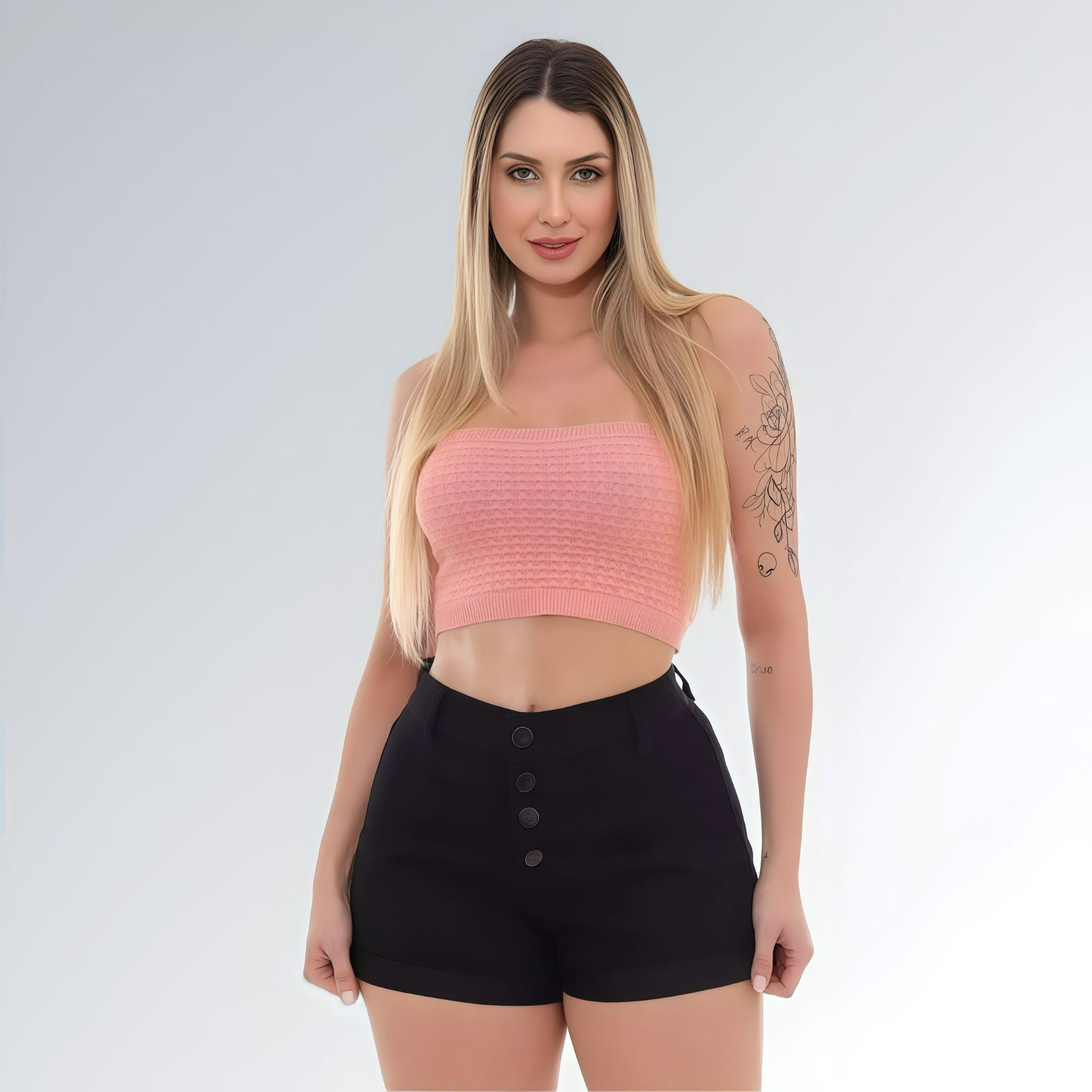 Shorts Sarja Feminino Black Cintura Alta Quadro Botões Moda Verão Jz New Moda