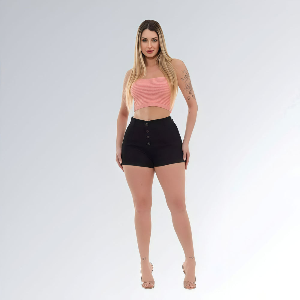 Shorts Sarja Feminino Black Cintura Alta Quadro Botões Moda Verão Jz New Moda