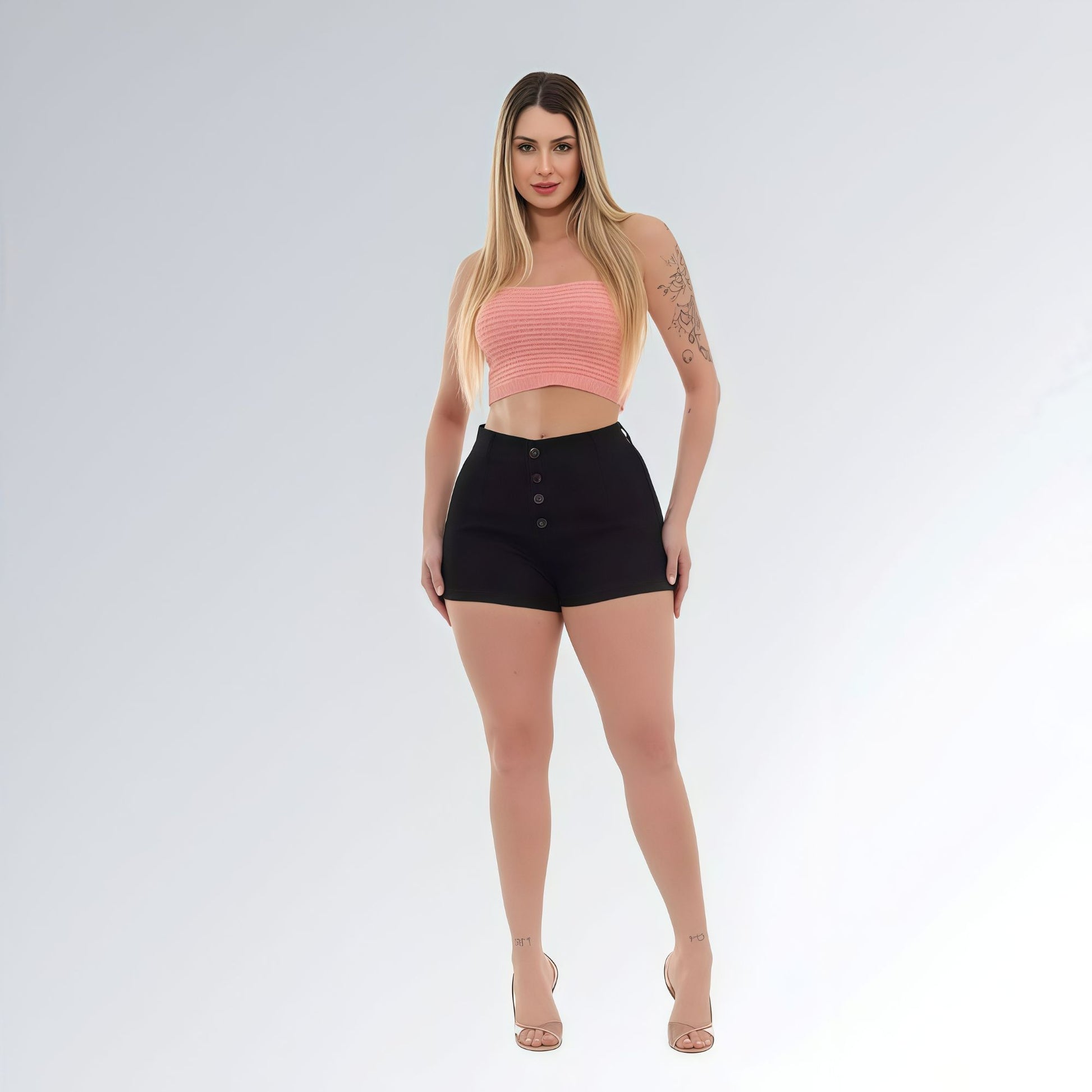 Shorts Sarja Feminino Black Cintura Alta Quadro Botões Moda Verão Jz New Moda