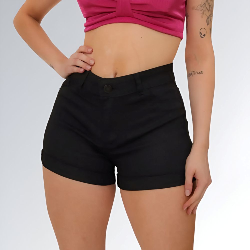 Shorts de Sarja Curto Preto Cintura Alta Feminino Jz New Moda