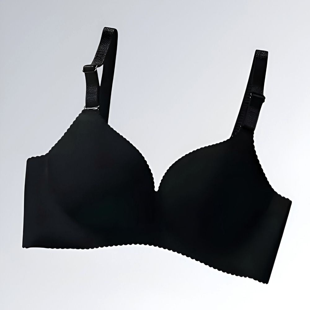 Sutiã bralette feminino preto estilo push-up, sem costura, com bojo moldado e alças ajustáveis.