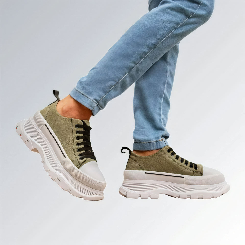 Tênis feminino casual verde GuGi com plataforma microexpandida, solado branco macio e design moderno.