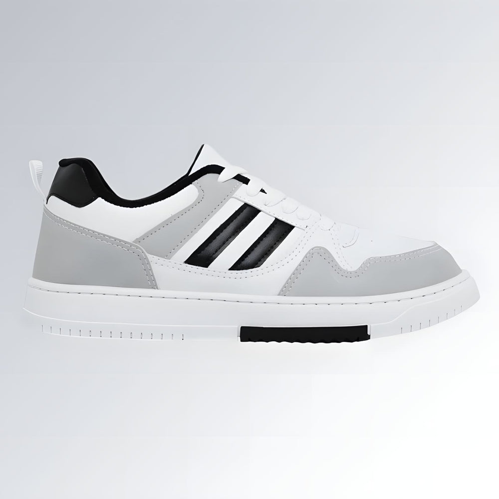 Tênis casual preto, cinza e branco masculino, confortável, bico redondo e com sola antiderrapante.