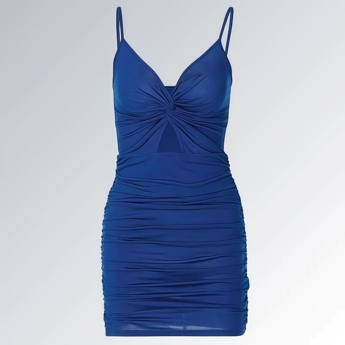 Vestido azul royal feminino justo sem mangas com detalhe torcido e recorte abaixo do busto, ideal para venda online de moda festa elegante.
