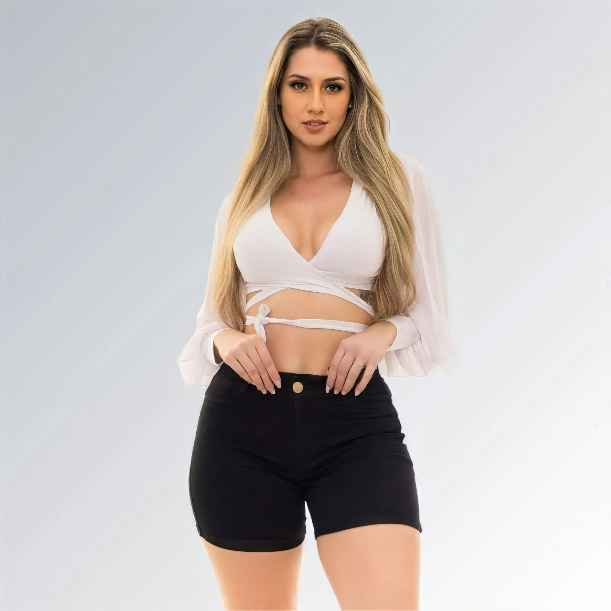 Bermuda Shorts Black Barra Dobrada Cintura Alta Feminino Jz new moda