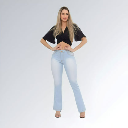 Calça Jeans Flare Azul Clara Feminina Estilosa Jz New Moda