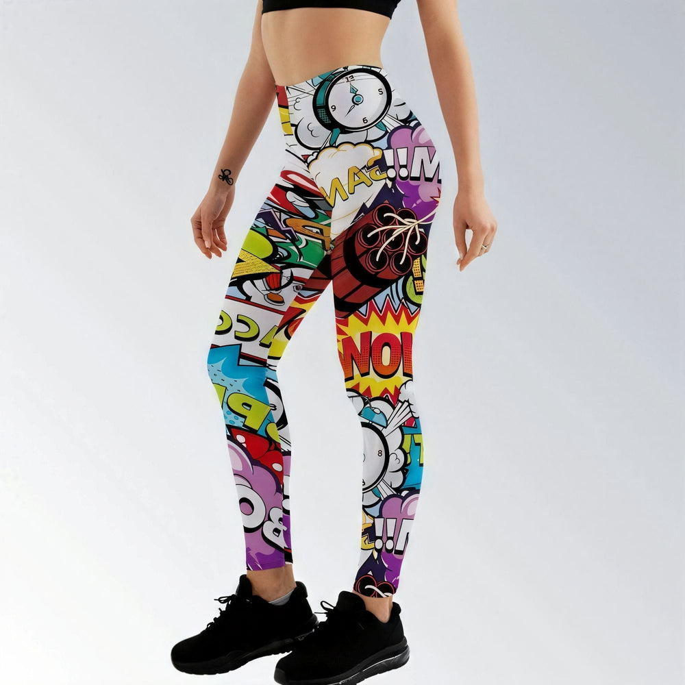 Calça legging feminina estampada estilo pop art, modelo push up 3D com cintura alta e tecido elástico.