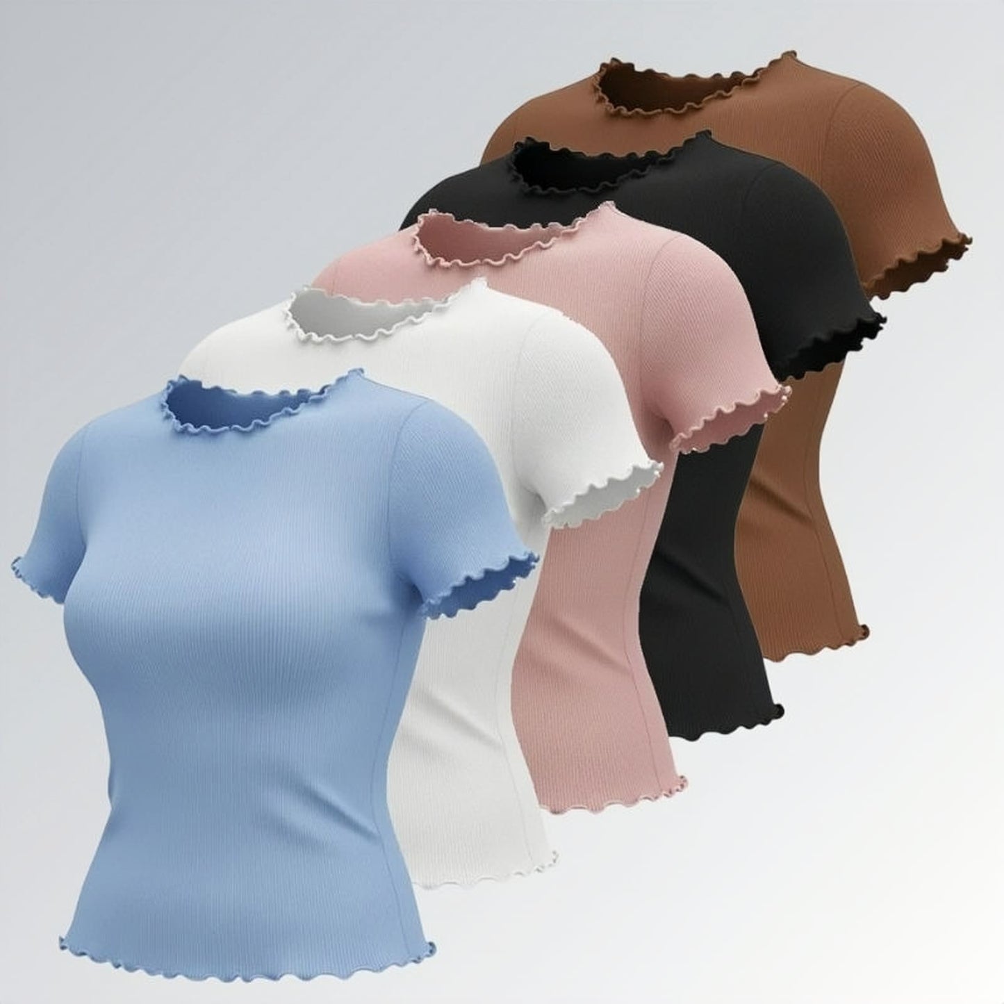 Camisetas feminina estilo vintage gola careca com acabamento ondulado em tecido canelado — peça moderna disponível para venda online de moda casual.