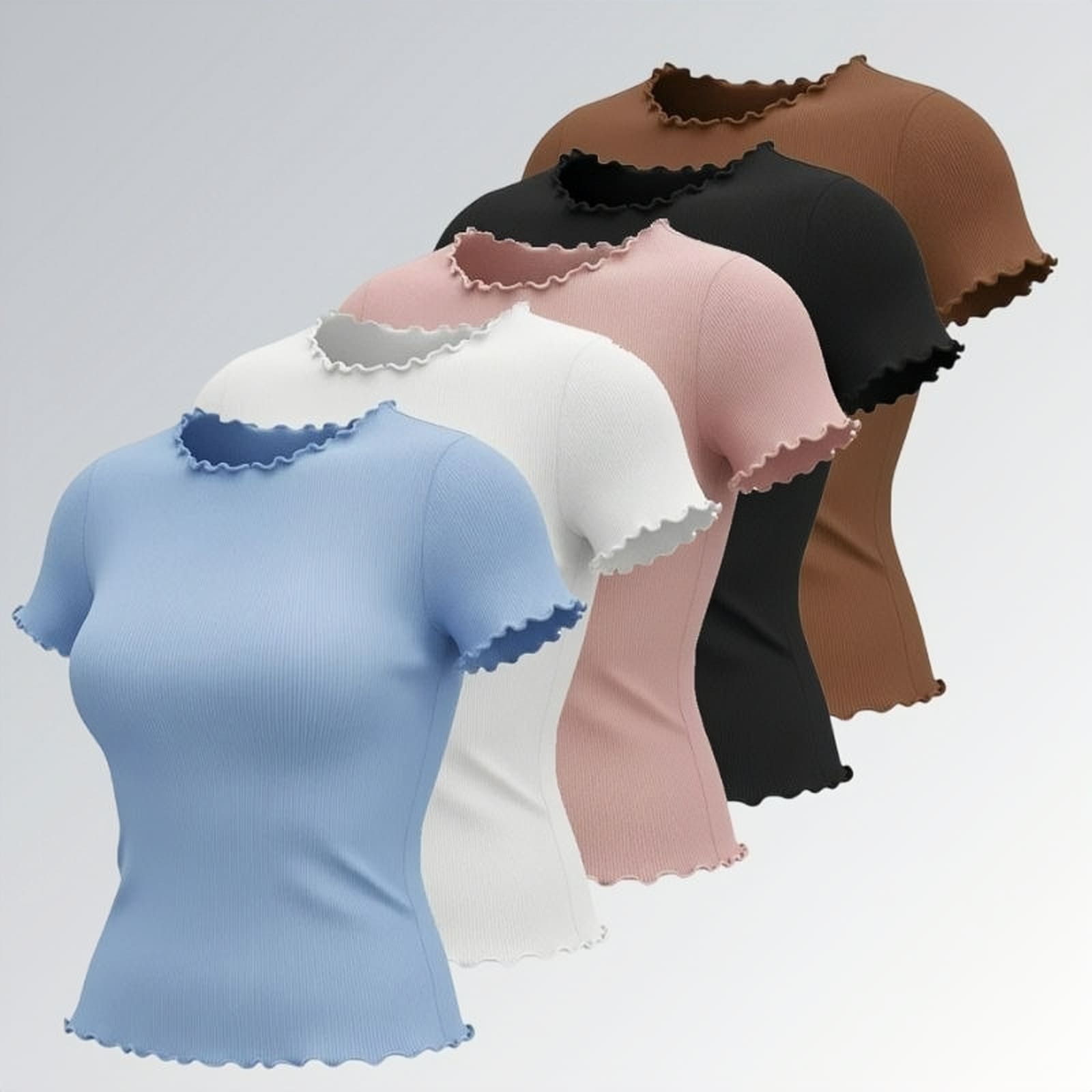 Camisetas feminina estilo vintage gola careca com acabamento ondulado em tecido canelado — peça moderna disponível para venda online de moda casual.