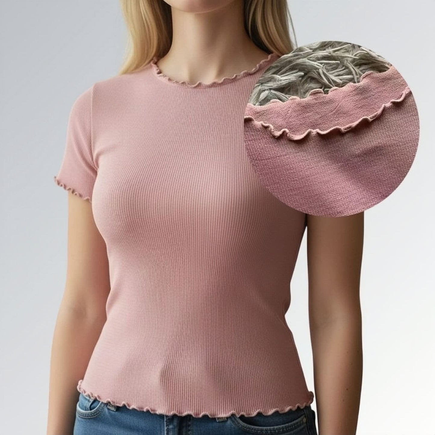 Camiseta feminina estilo vintage gola careca com acabamento ondulado em tecido canelado rosa, combinada com jeans azul — peça moderna disponível para venda online de moda casual.