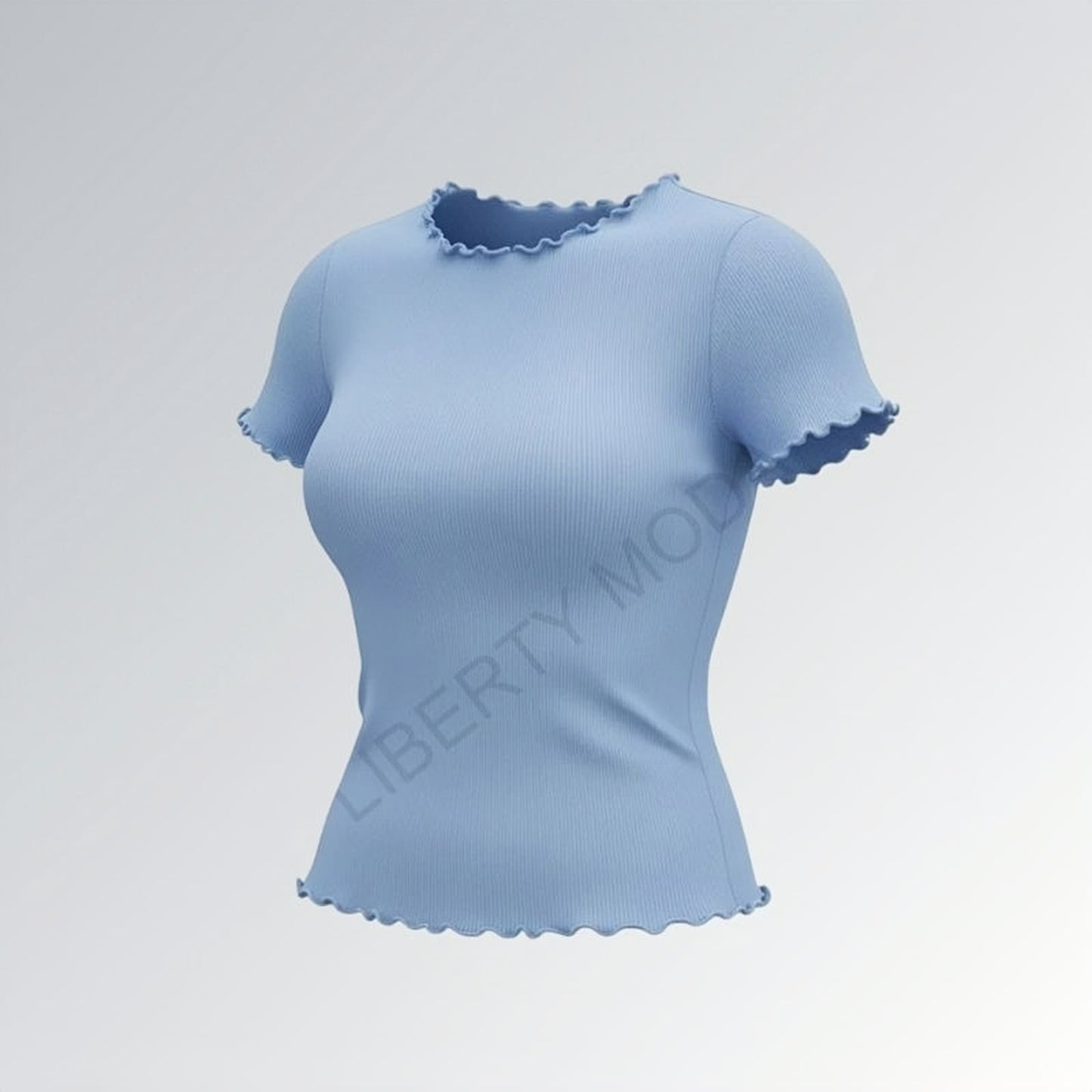 Camiseta feminina estilo vintage gola careca com acabamento ondulado em tecido canelado azul — peça moderna disponível para venda online de moda casual.