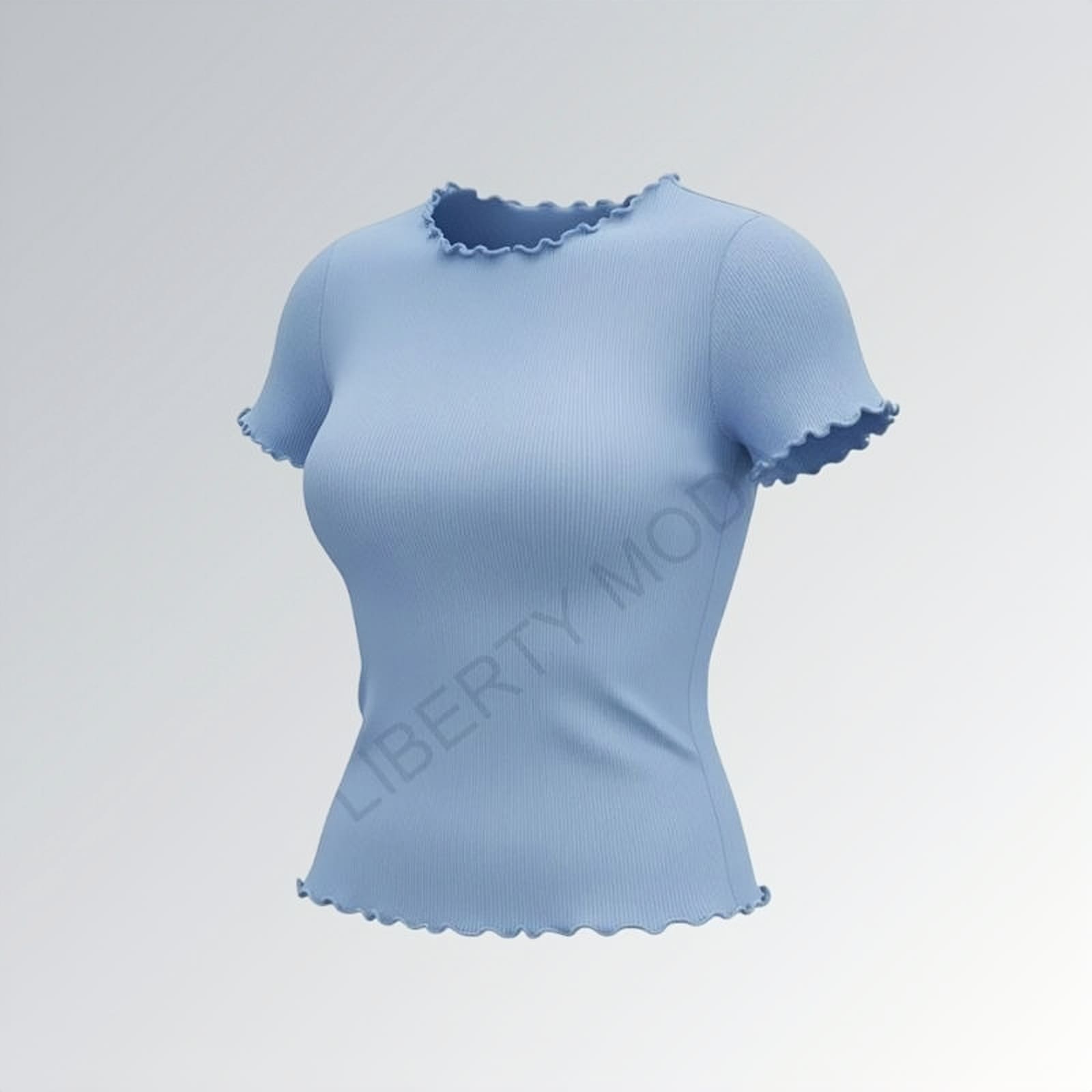 Camiseta feminina estilo vintage gola careca com acabamento ondulado em tecido canelado azul — peça moderna disponível para venda online de moda casual.