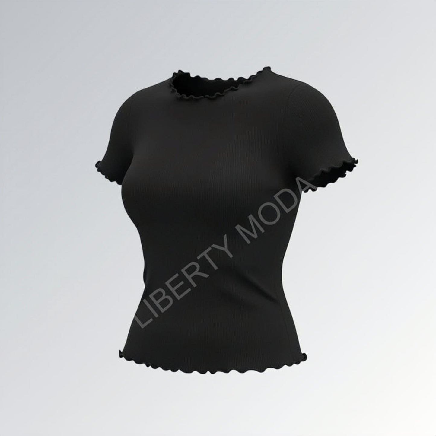 Camiseta feminina estilo vintage gola careca com acabamento ondulado em tecido canelado preto — peça moderna disponível para venda online de moda casual.