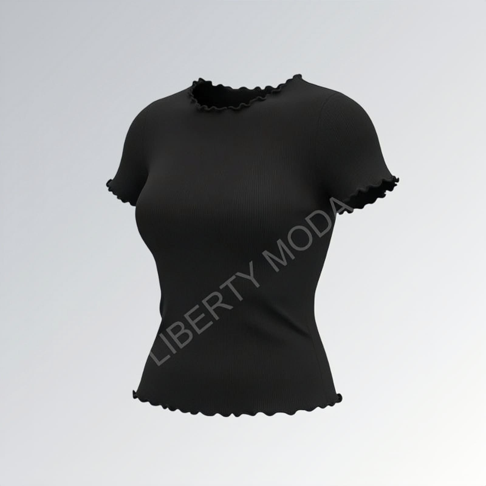 Camiseta feminina estilo vintage gola careca com acabamento ondulado em tecido canelado preto — peça moderna disponível para venda online de moda casual.