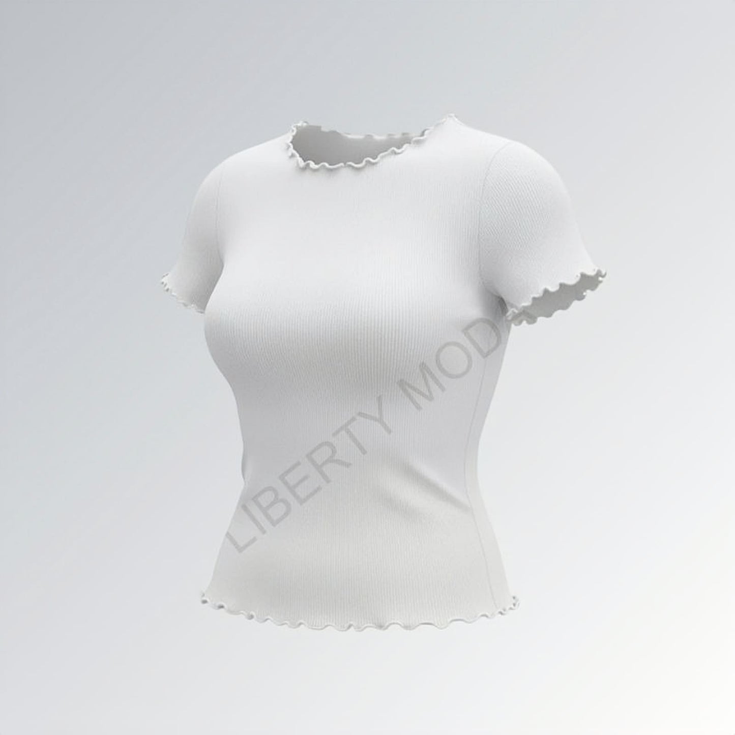 Camiseta feminina estilo vintage gola careca com acabamento ondulado em tecido canelado branco — peça moderna disponível para venda online de moda casual.