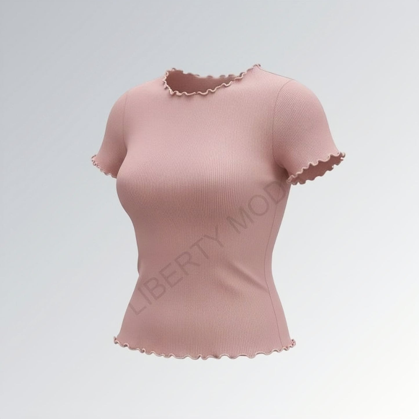 Camiseta feminina estilo vintage gola careca com acabamento ondulado em tecido canelado rosa — peça moderna disponível para venda online de moda casual.