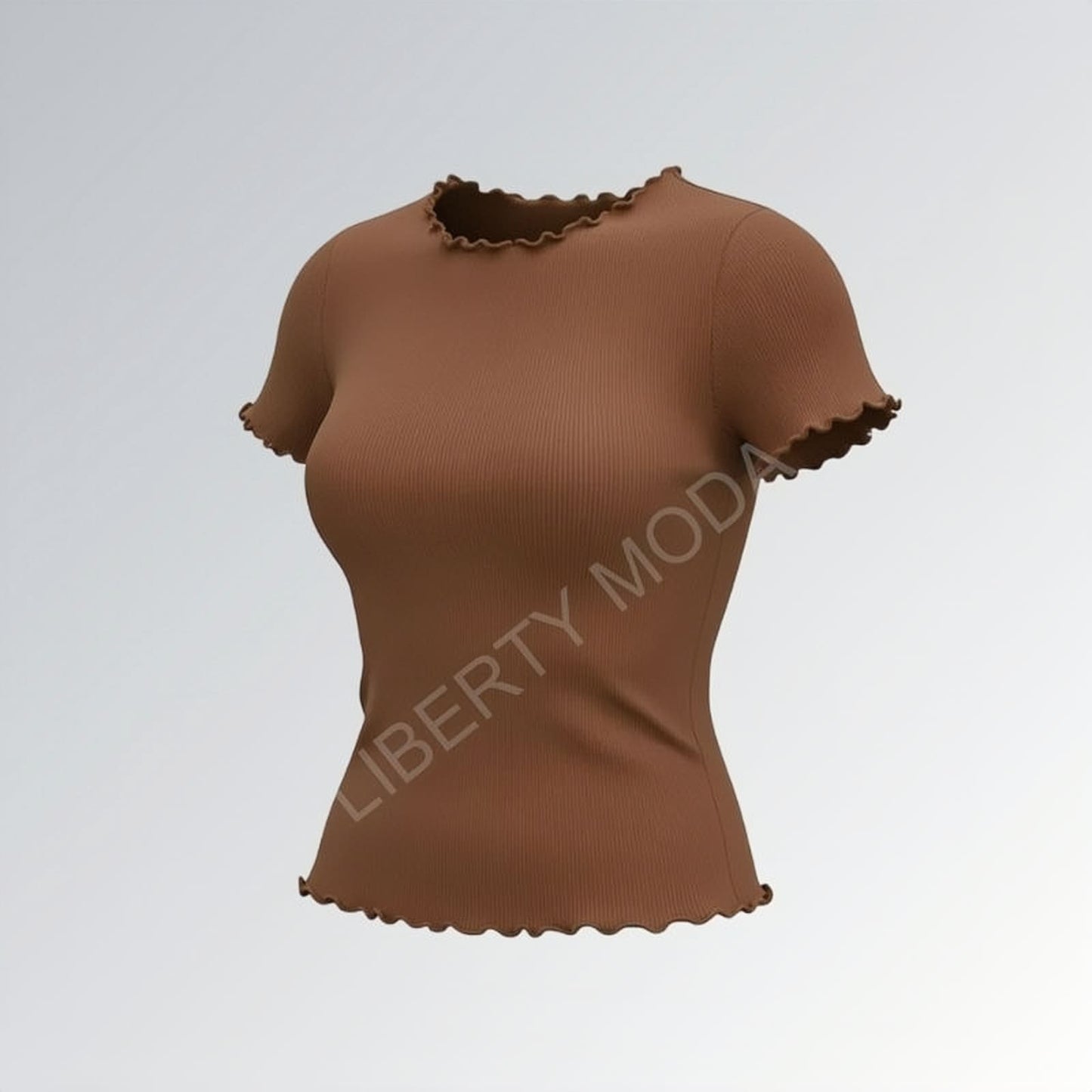 Camiseta feminina estilo vintage gola careca com acabamento ondulado em tecido canelado marrom — peça moderna disponível para venda online de moda casual.