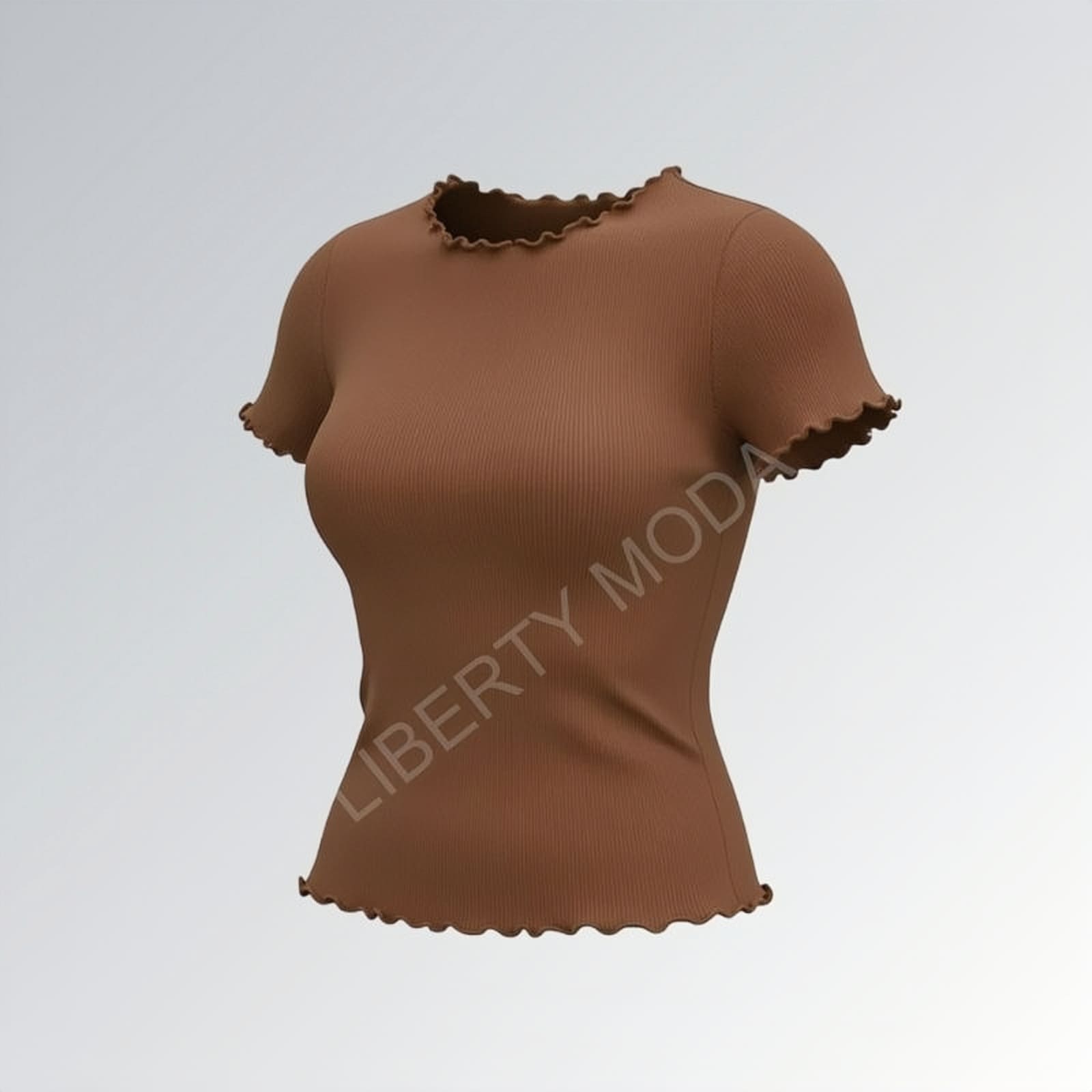 Camiseta feminina estilo vintage gola careca com acabamento ondulado em tecido canelado marrom — peça moderna disponível para venda online de moda casual.