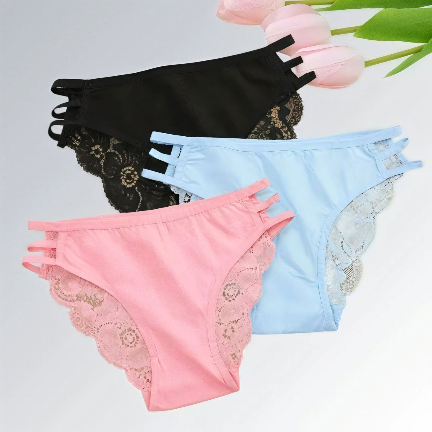 Conjunto de 3 peças de calcinhas femininas de renda floral cintura baixa Jz new moda