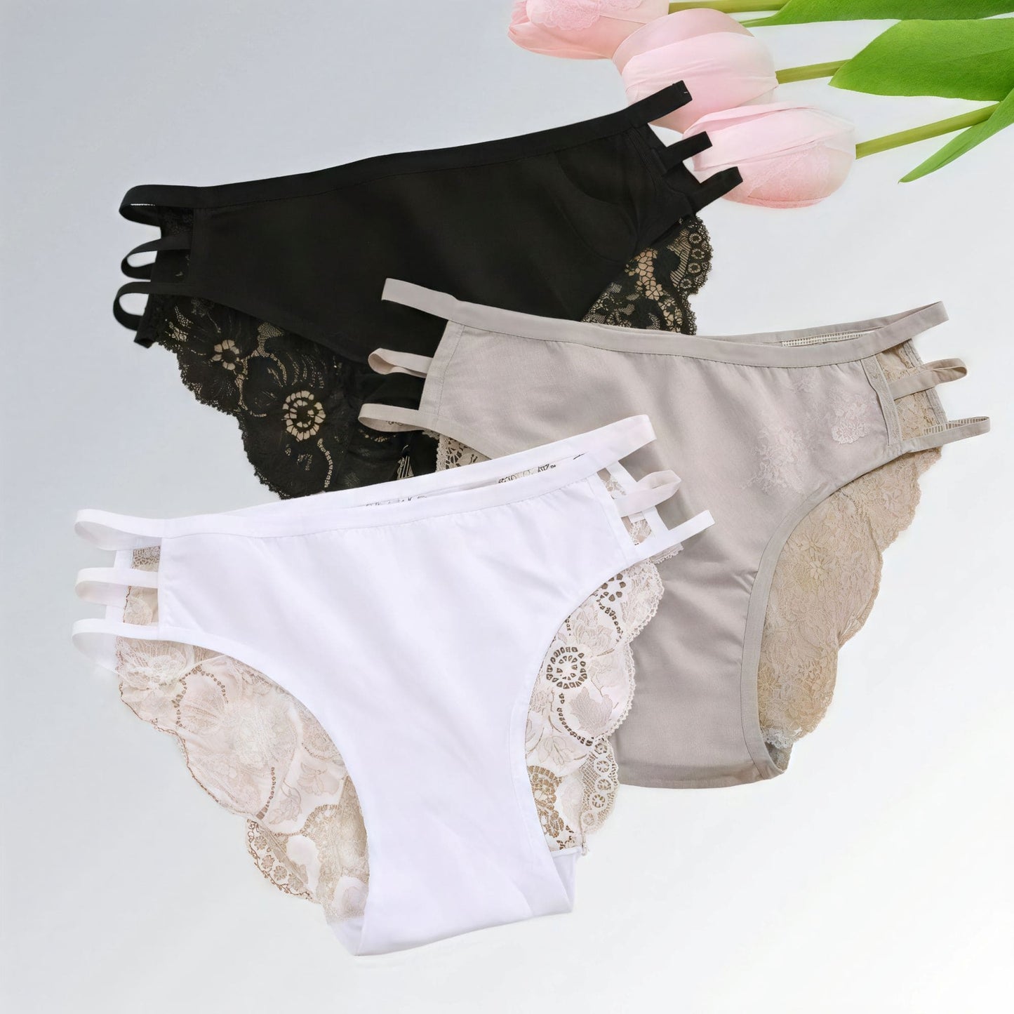 Conjunto de 3 peças de calcinhas femininas de renda floral cintura baixa Jz new moda