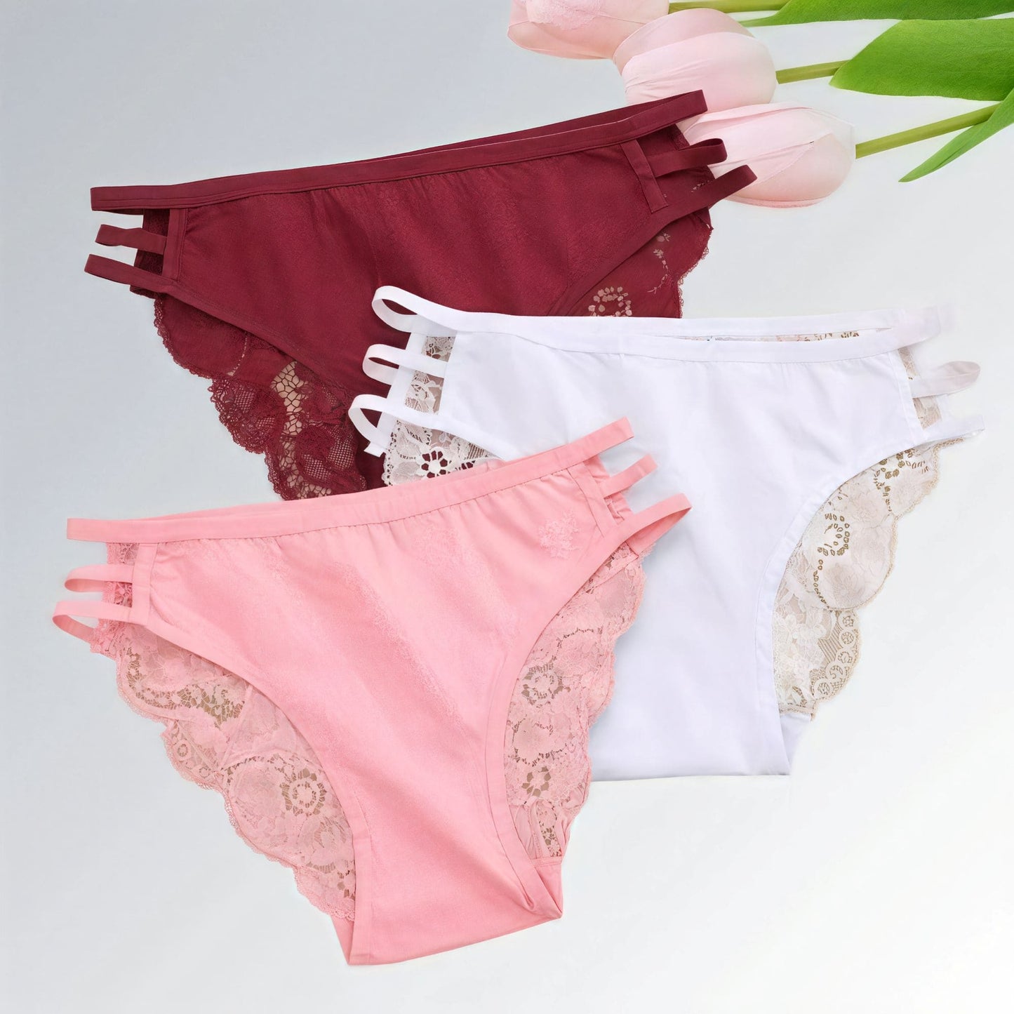 Conjunto de 3 peças de calcinhas femininas de renda floral cintura baixa Jz new moda