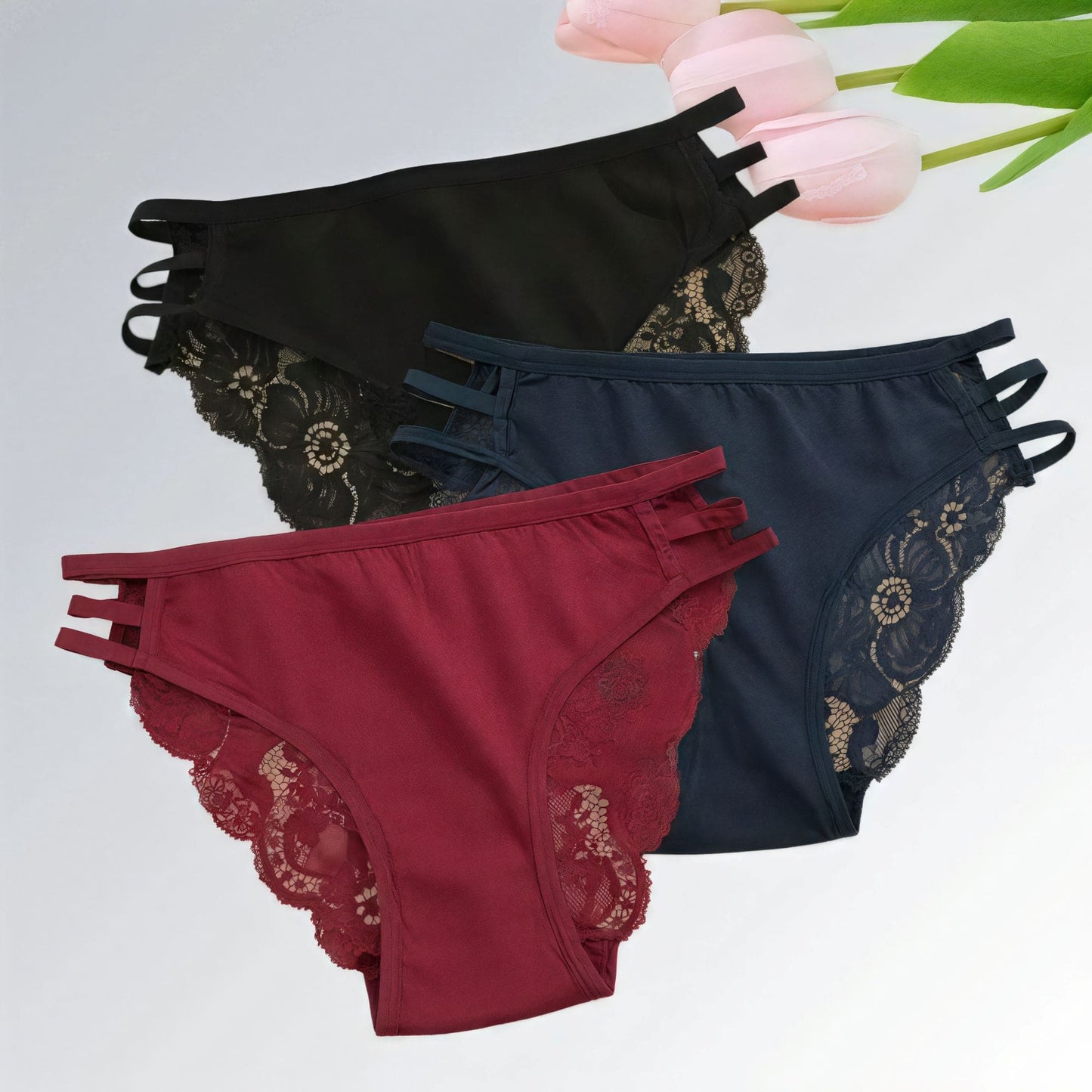 Conjunto de 3 peças de calcinhas femininas de renda floral cintura baixa Jz new moda