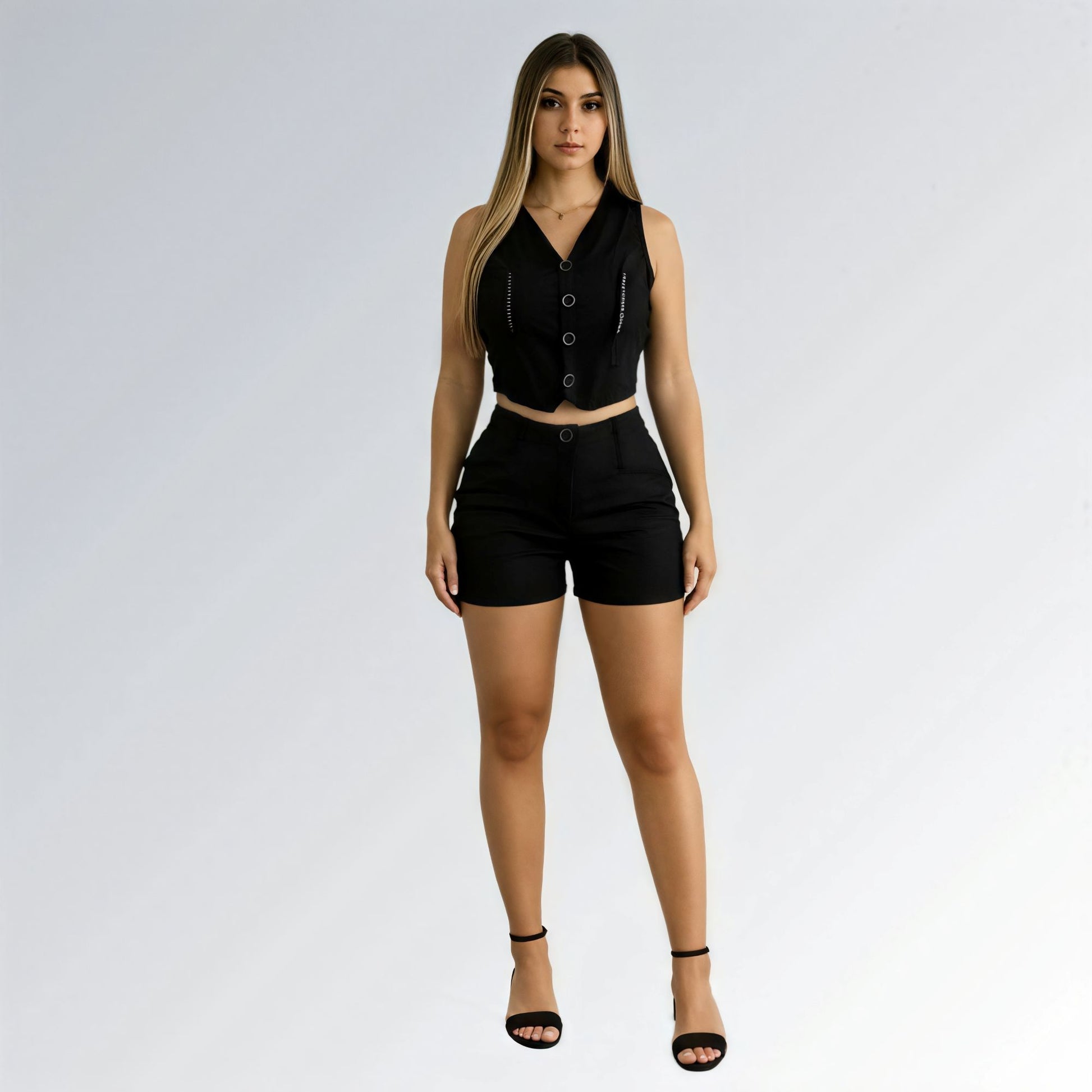 Conjunto feminino preto com top cropped sem mangas, decote V com botões prateados e short de cintura alta com detalhe metálico.