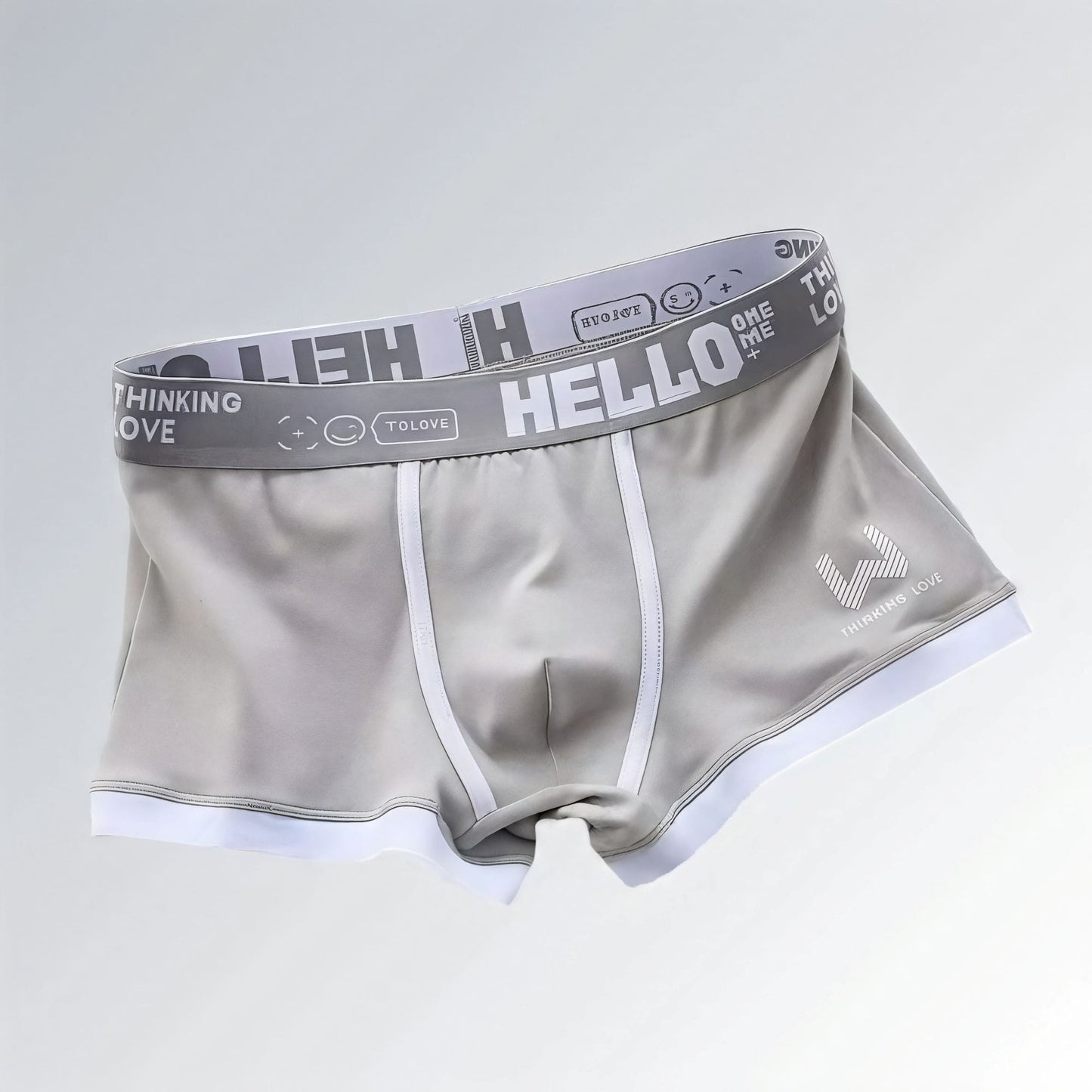 Cueca feminina boxer de algodão cinza com estampa Hello, cintura elástica personalizada e acabamento confortável.