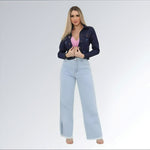 Jaqueta Jeans Cropped Feminina Azul Escuro com Puídos Jz New Moda